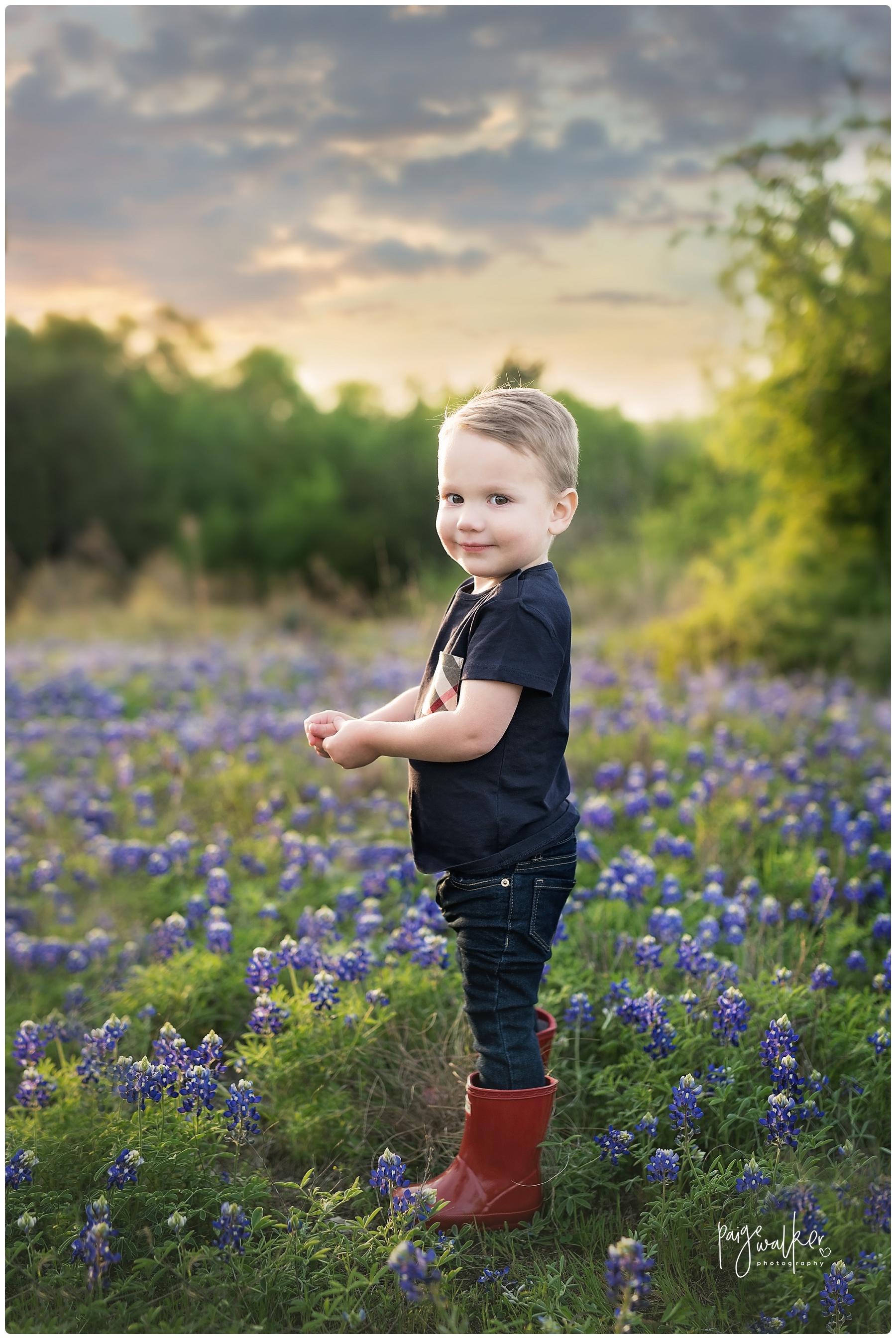toddler boy standing in bluebonnets
