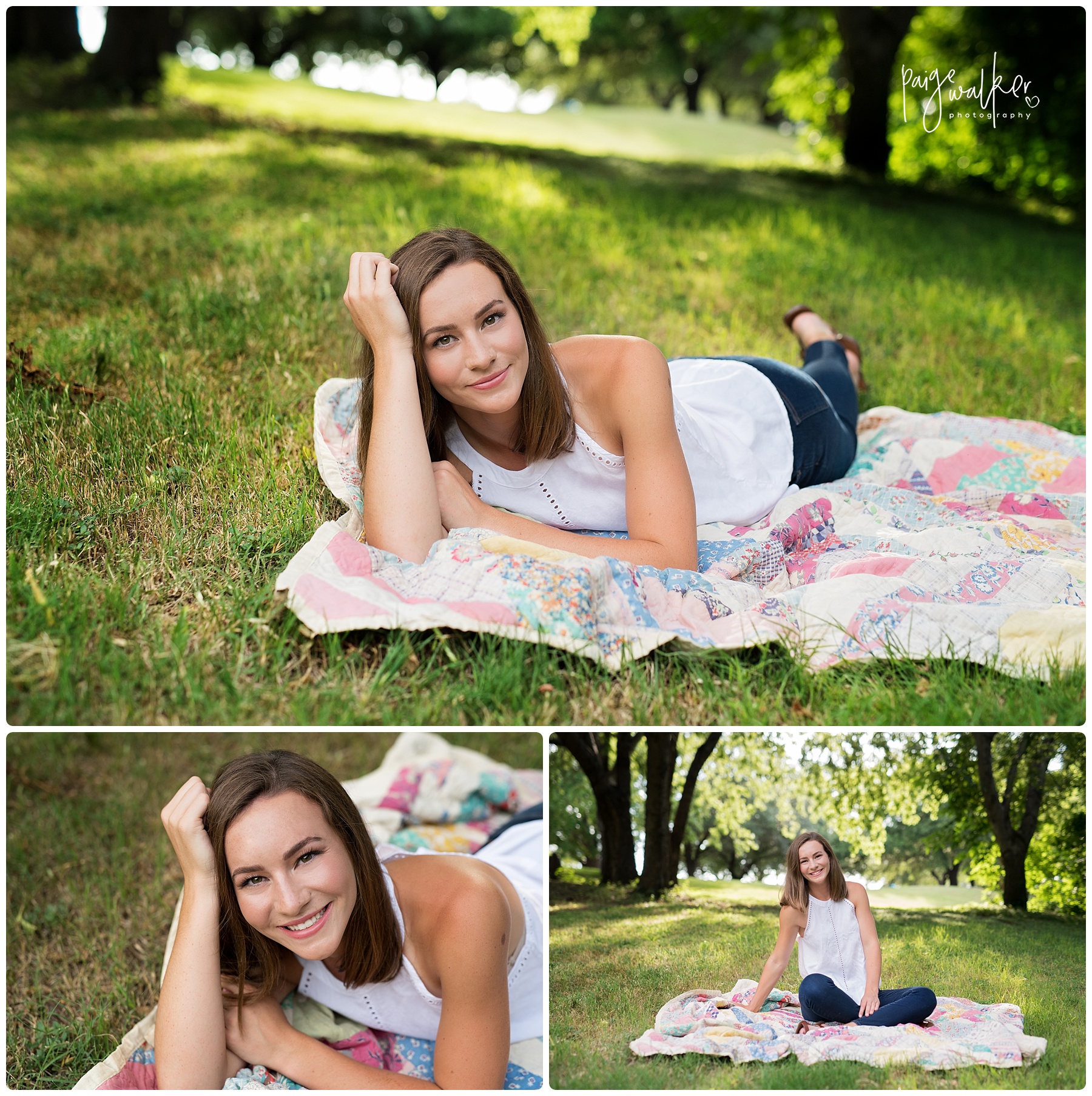 senior girl laying on a quilt