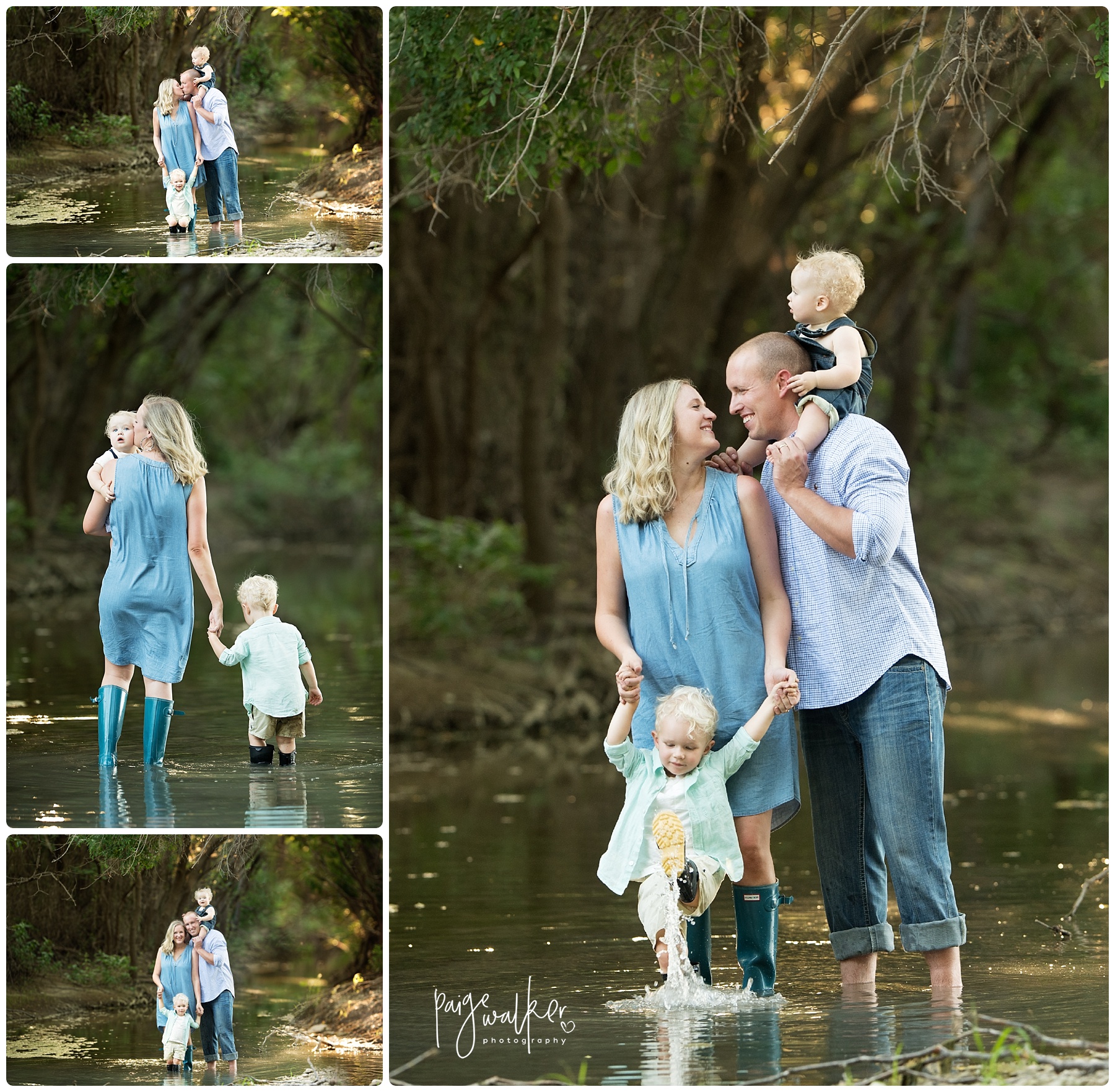 family of four standing in the creek