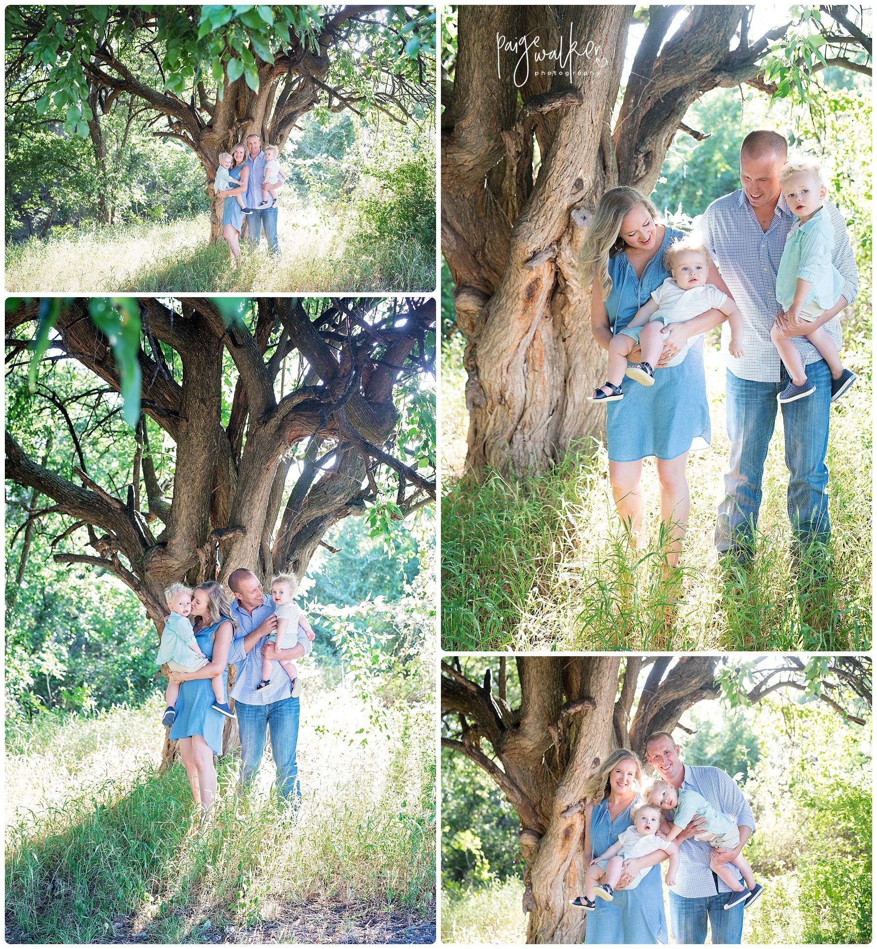 family of four standing by a tree