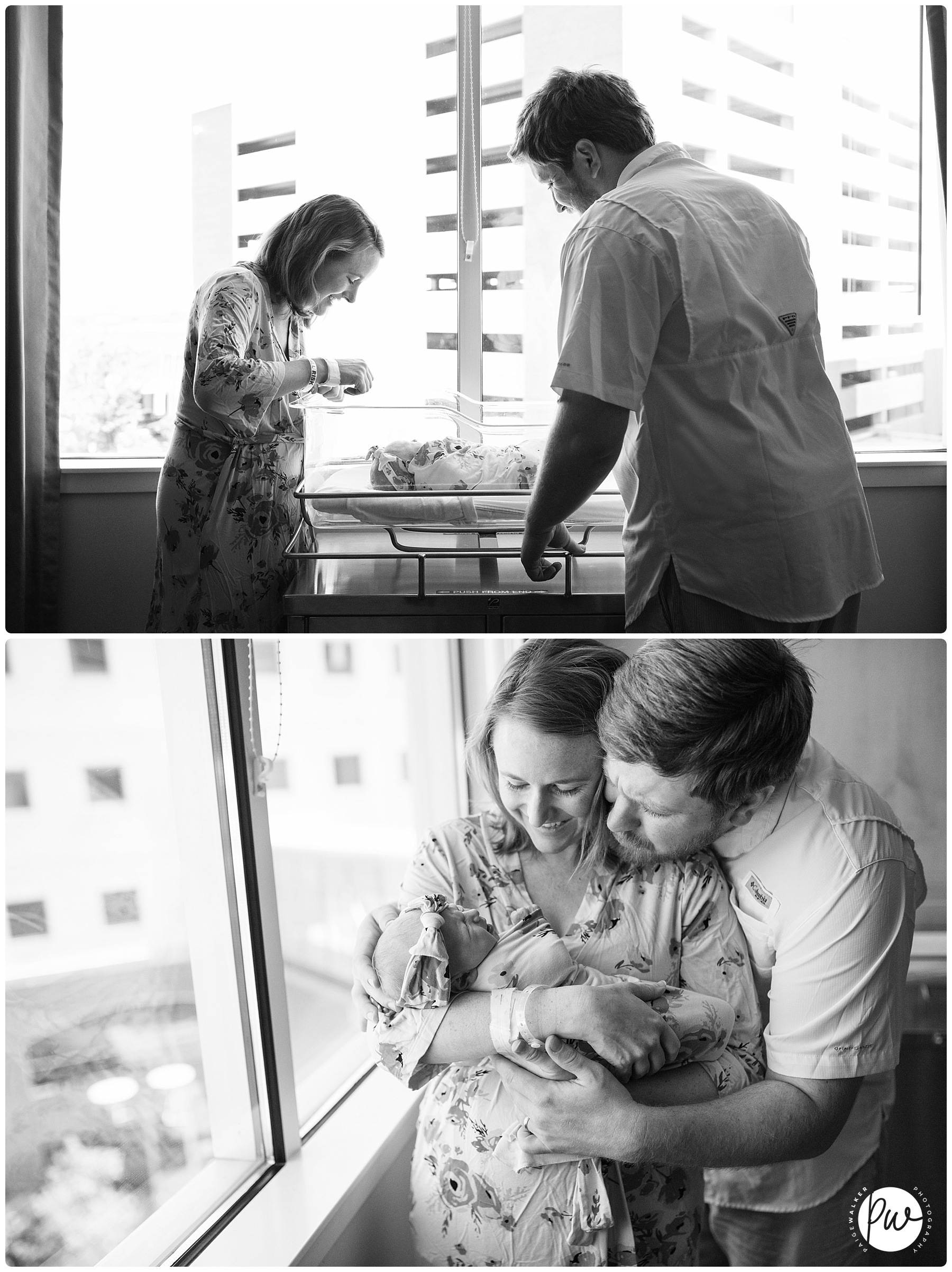 mom and dad looking at their newborn girl in the hospital