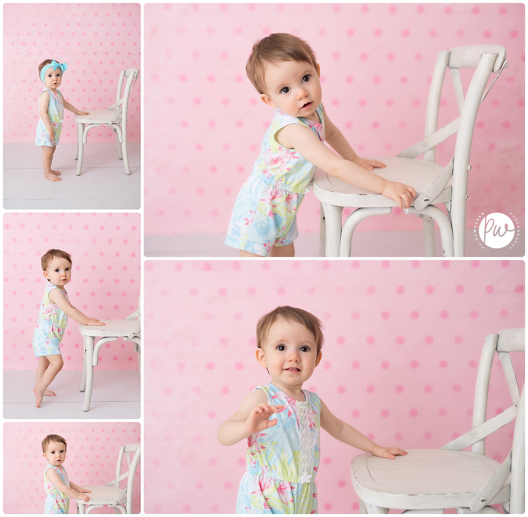one year old girl holding onto a chair