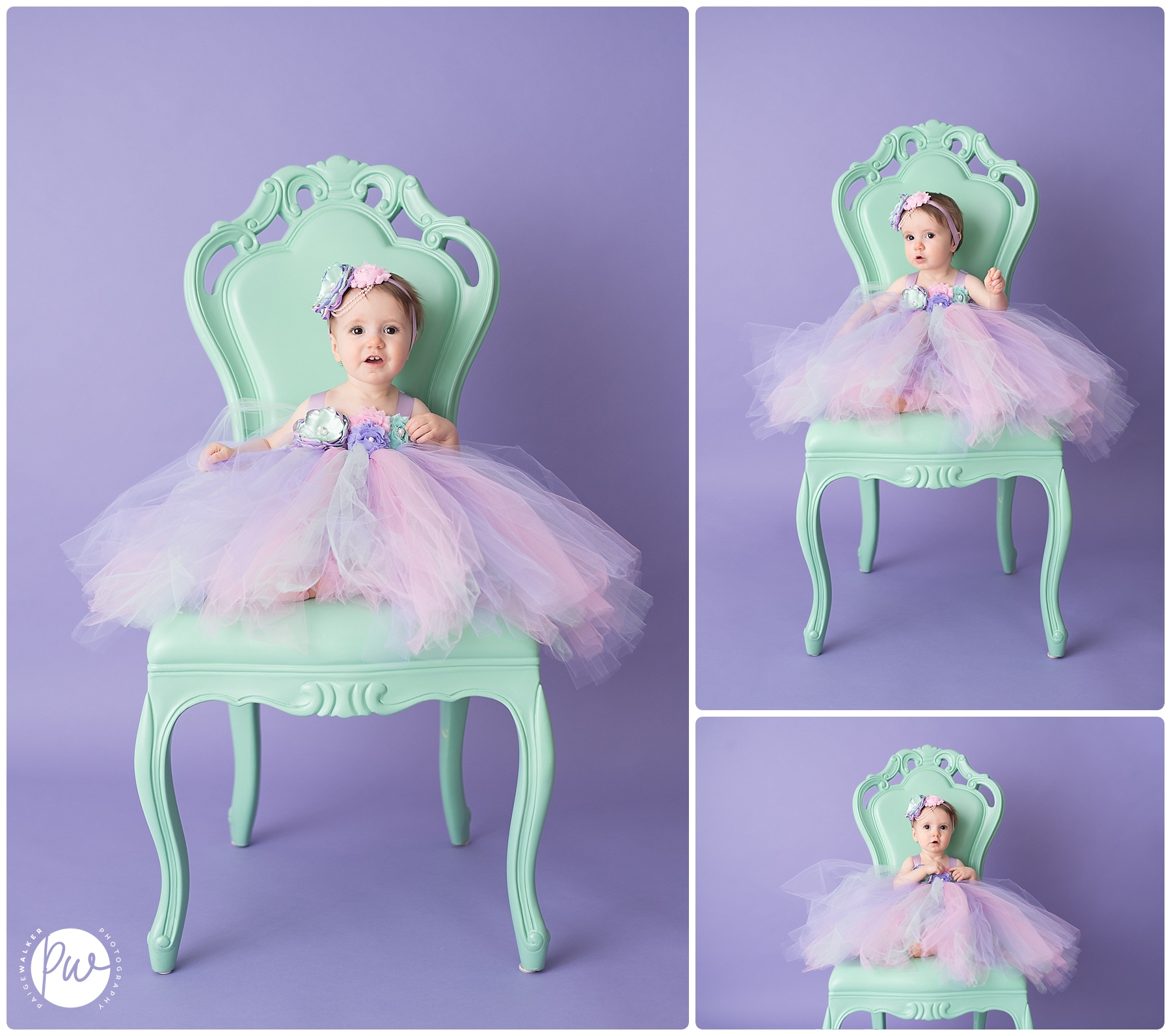 little girl sitting in a teal chair 