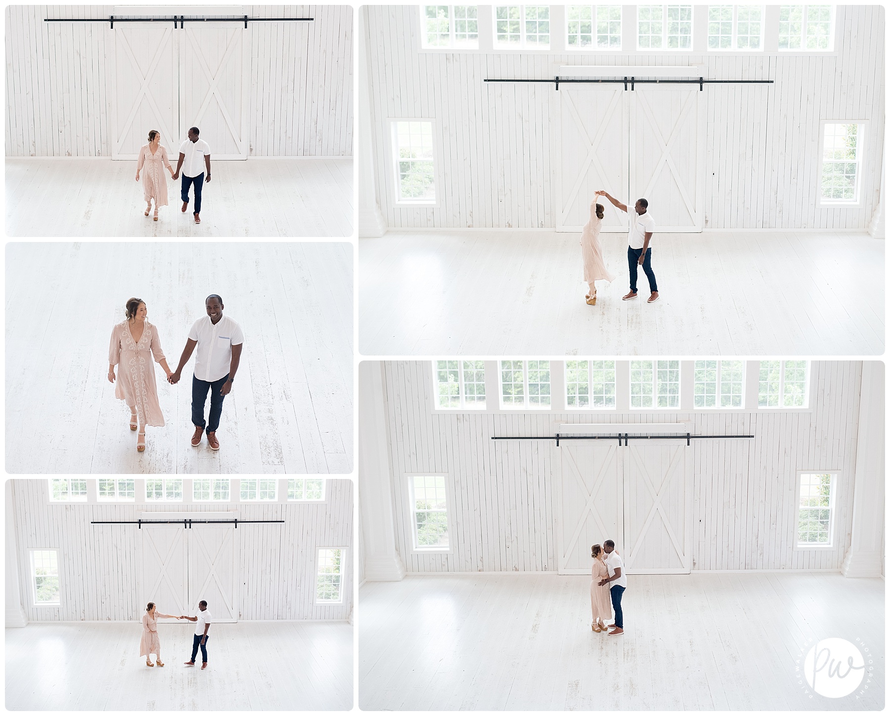 mom and dad to be dancing in the white sparrow barn