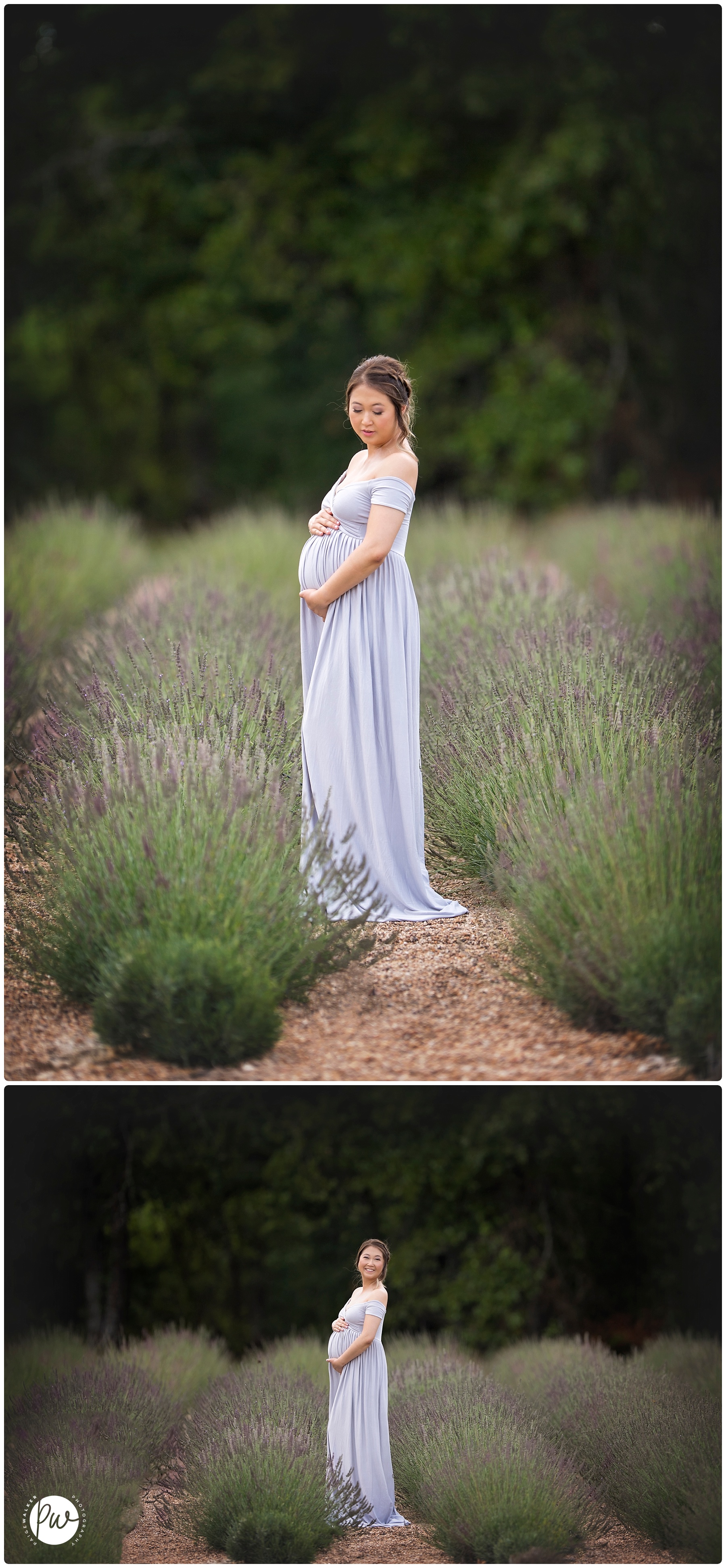 mom to be standing in the lavender field