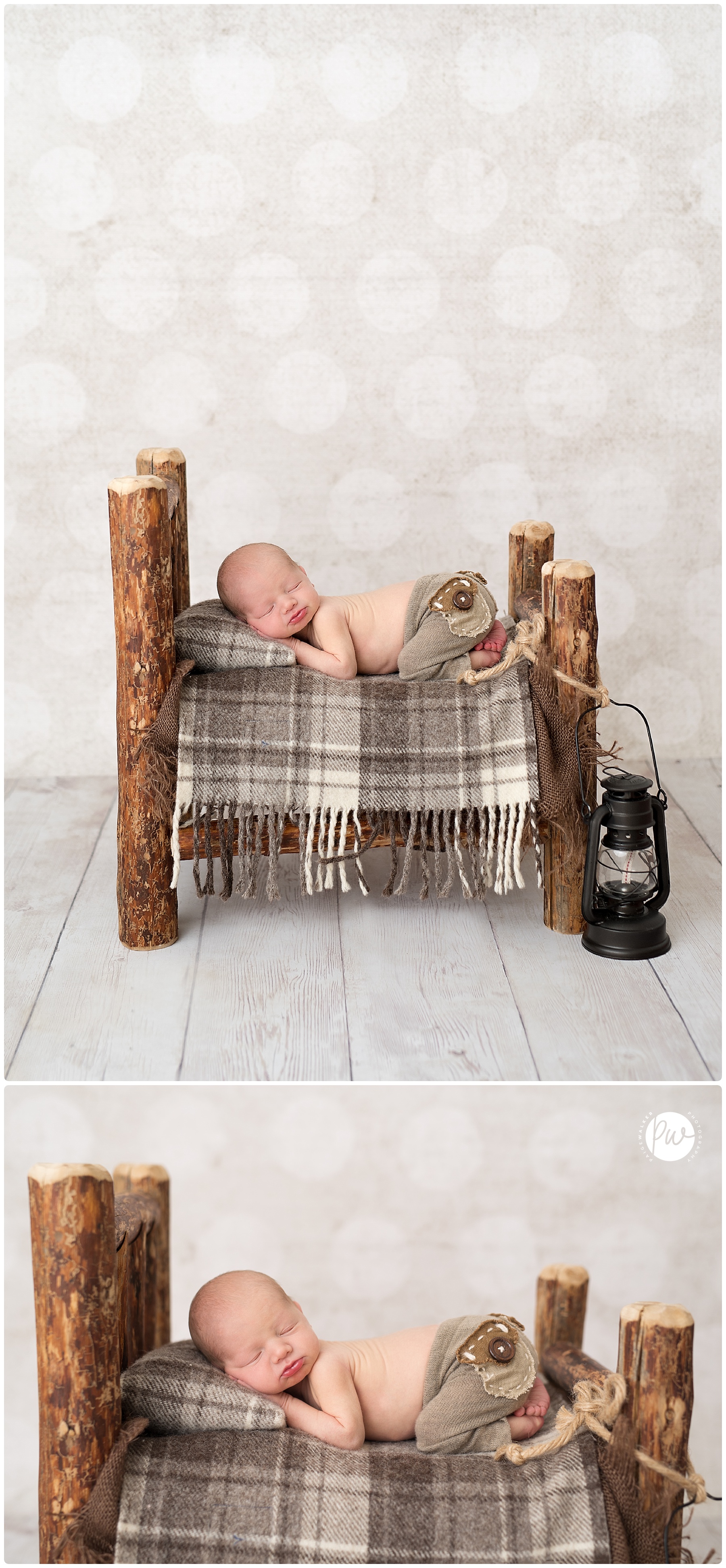 newborn laying on a rustic bed
