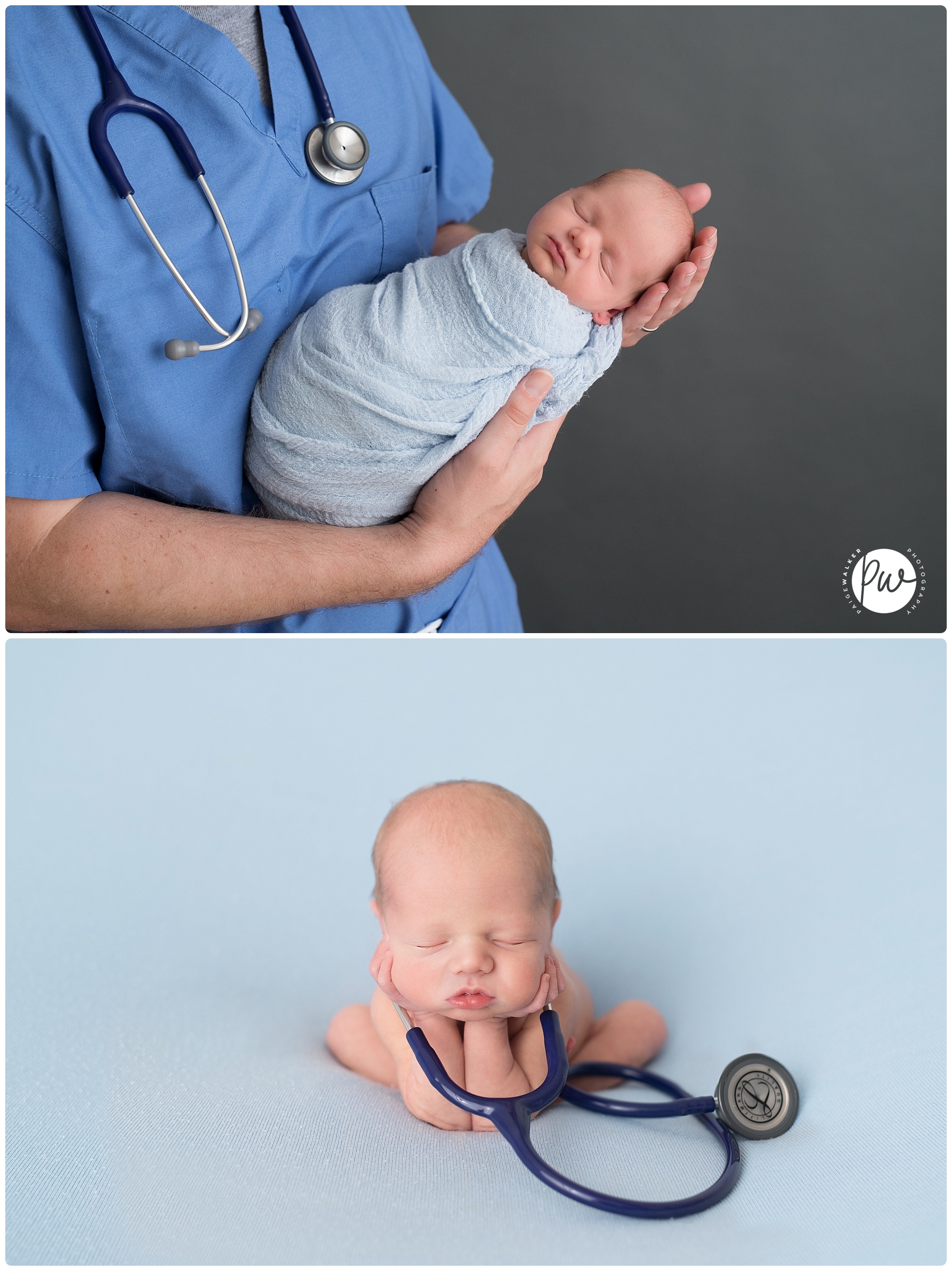 newborn boy with his dads stethoscope 