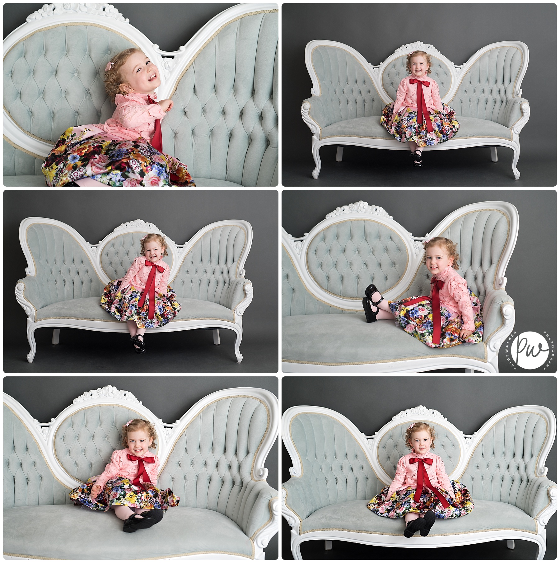 little girl making funny faces on a couch