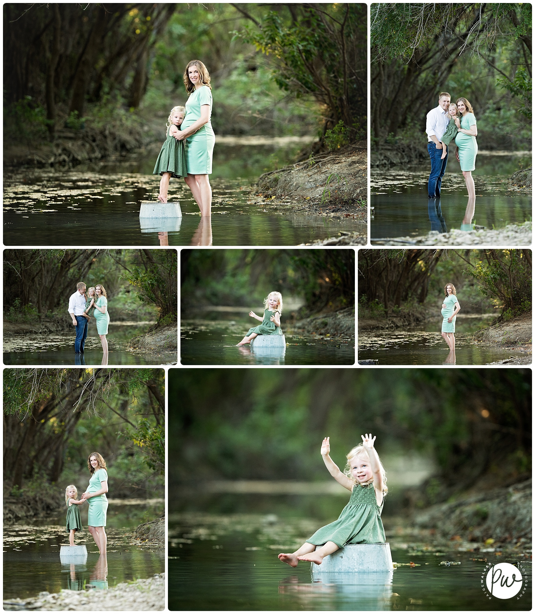 pregnant mom and daughter in a creek