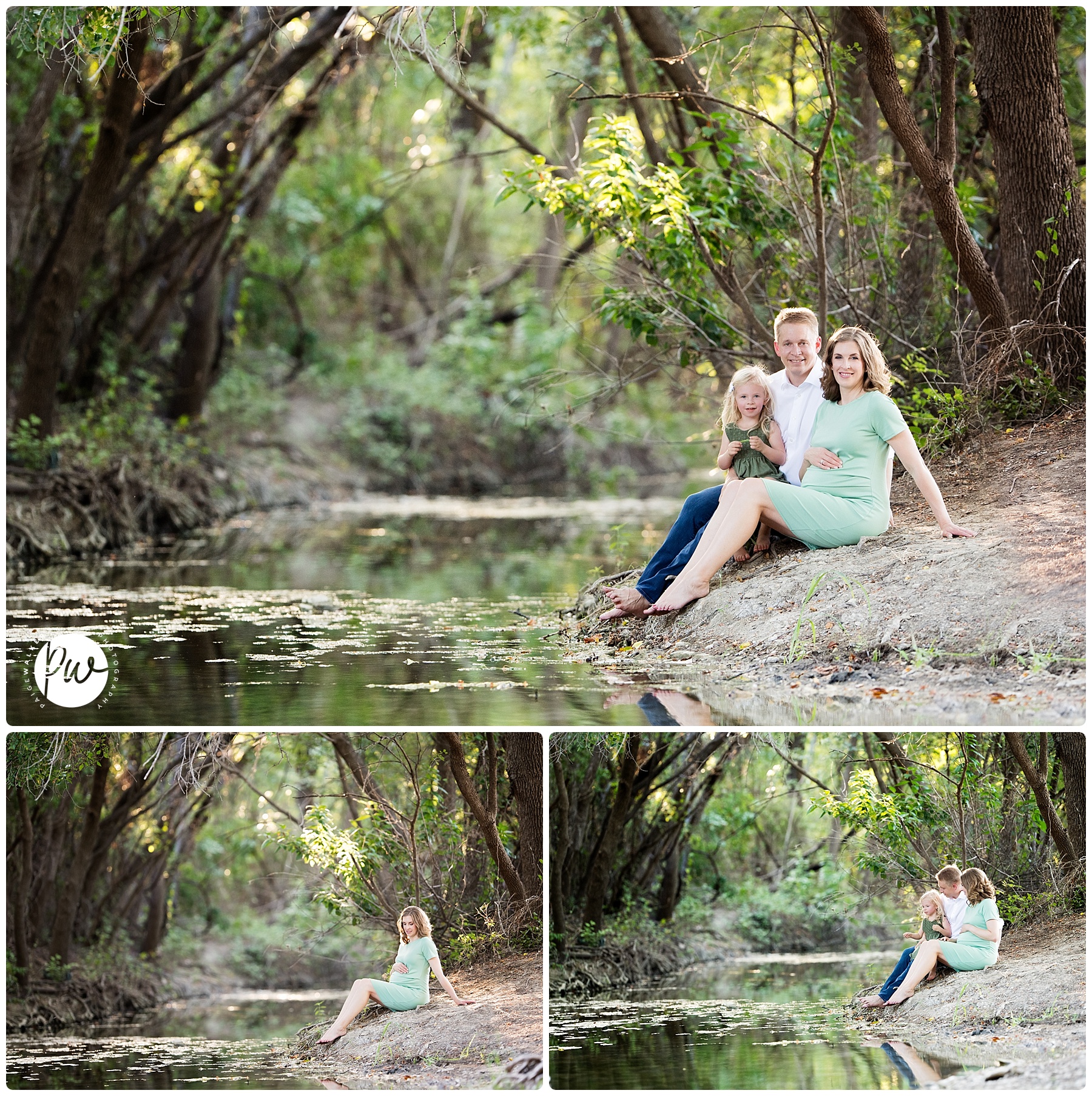 family of three sitting on a creek bed