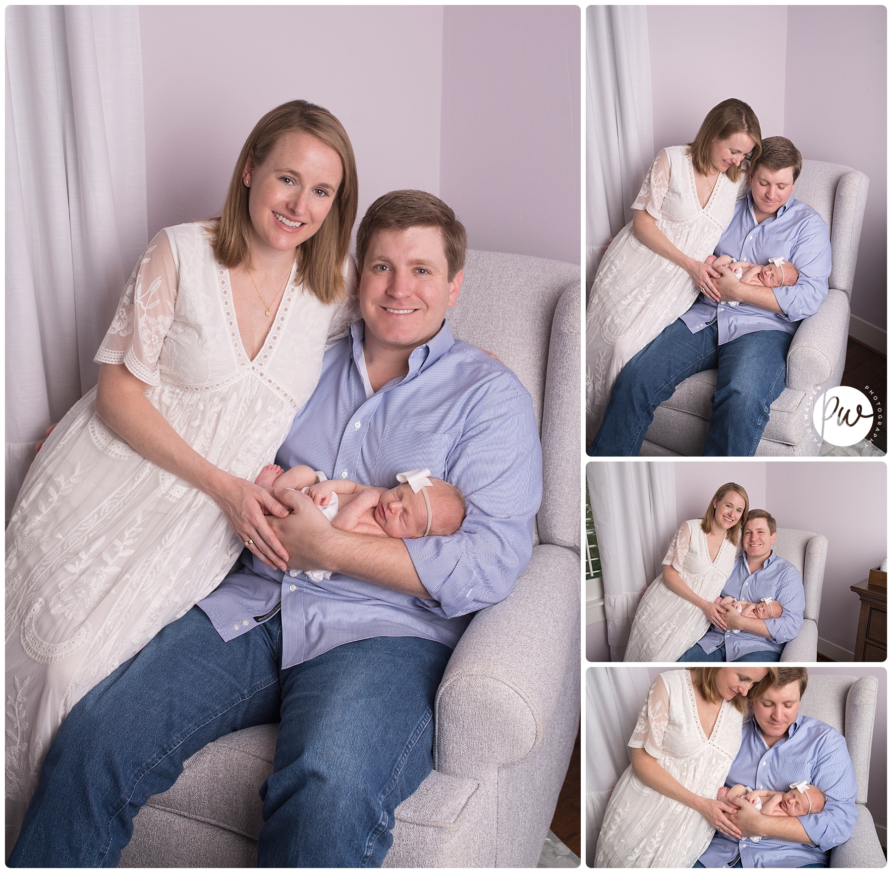 mom and dad sitting in the nursery with their newborn girl