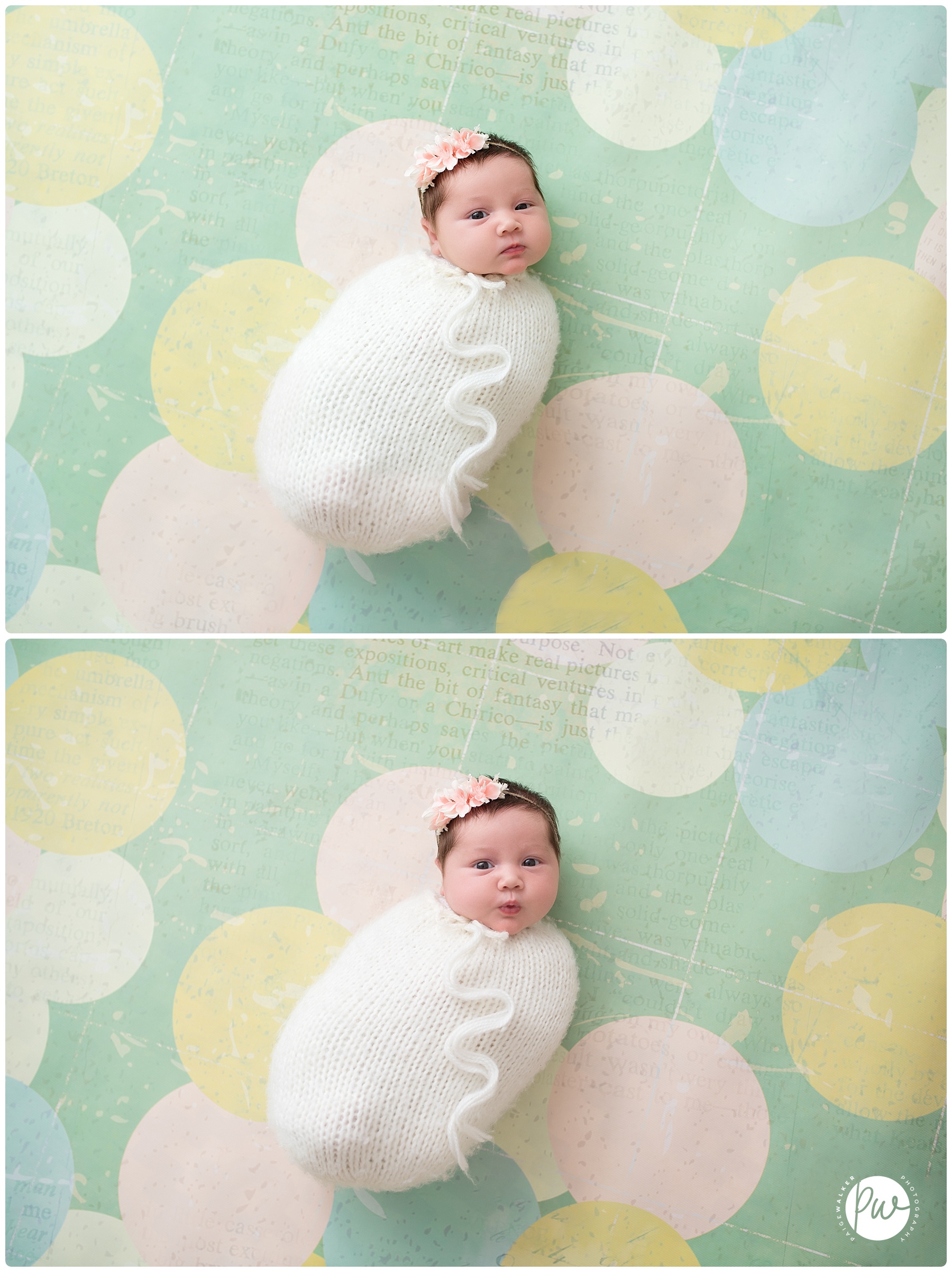 newborn girl laying in white on dots