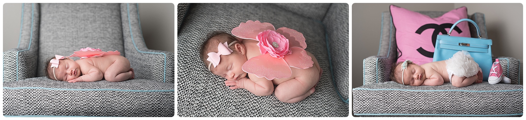 newborn girl with chanel bag and wings