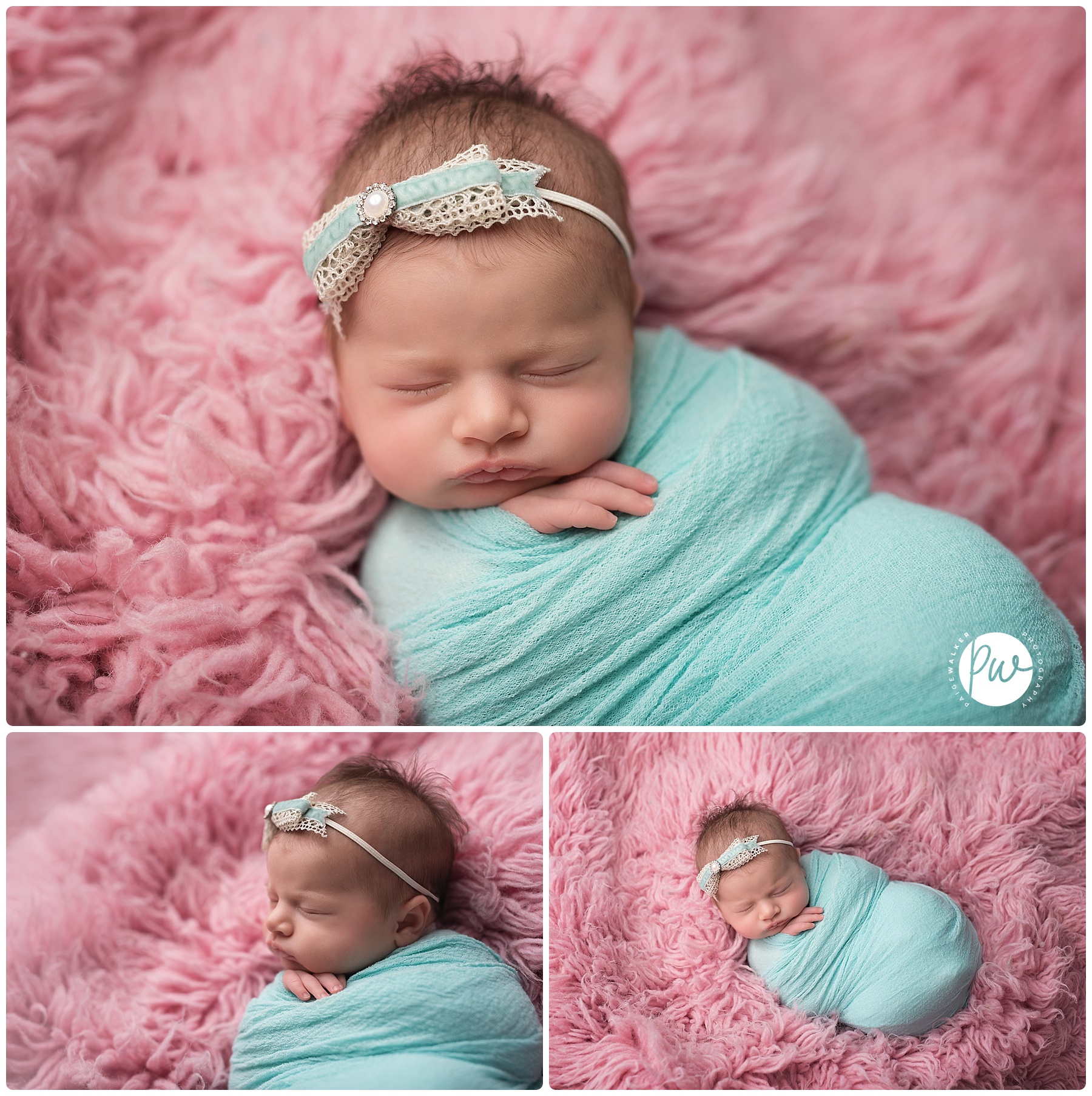 newborn girl wrapped in turquoise