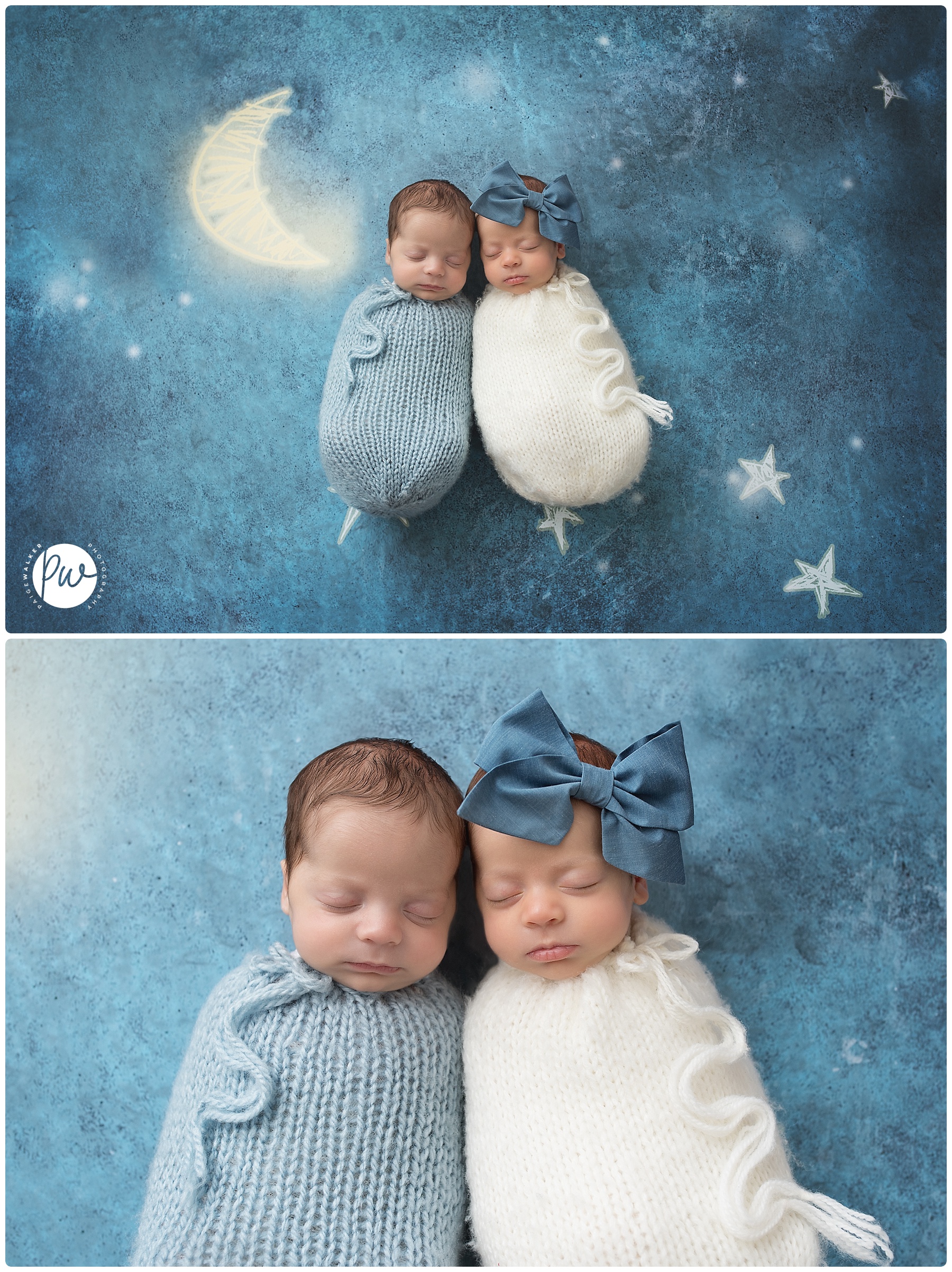 newborn twins laying next to a moon