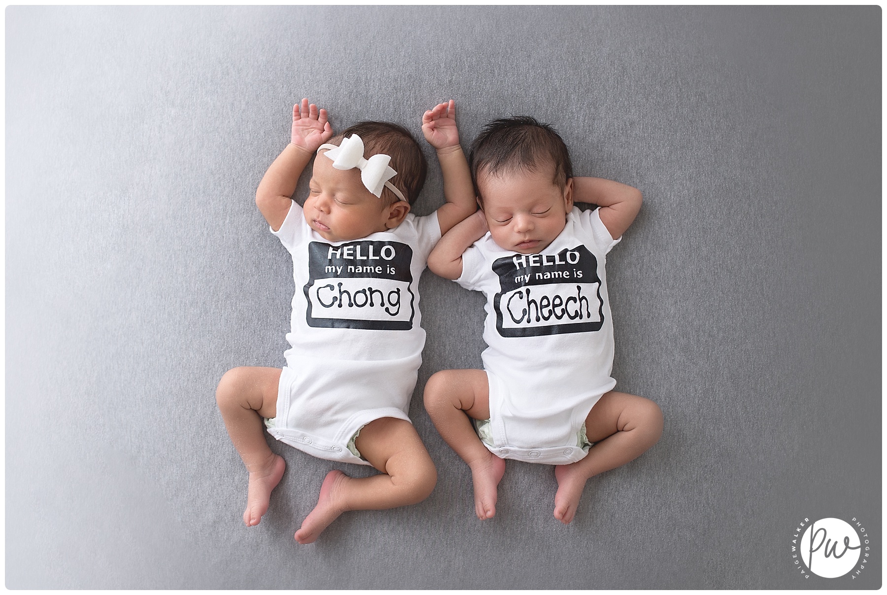 newborn twins in their cheesy and Chong shirt