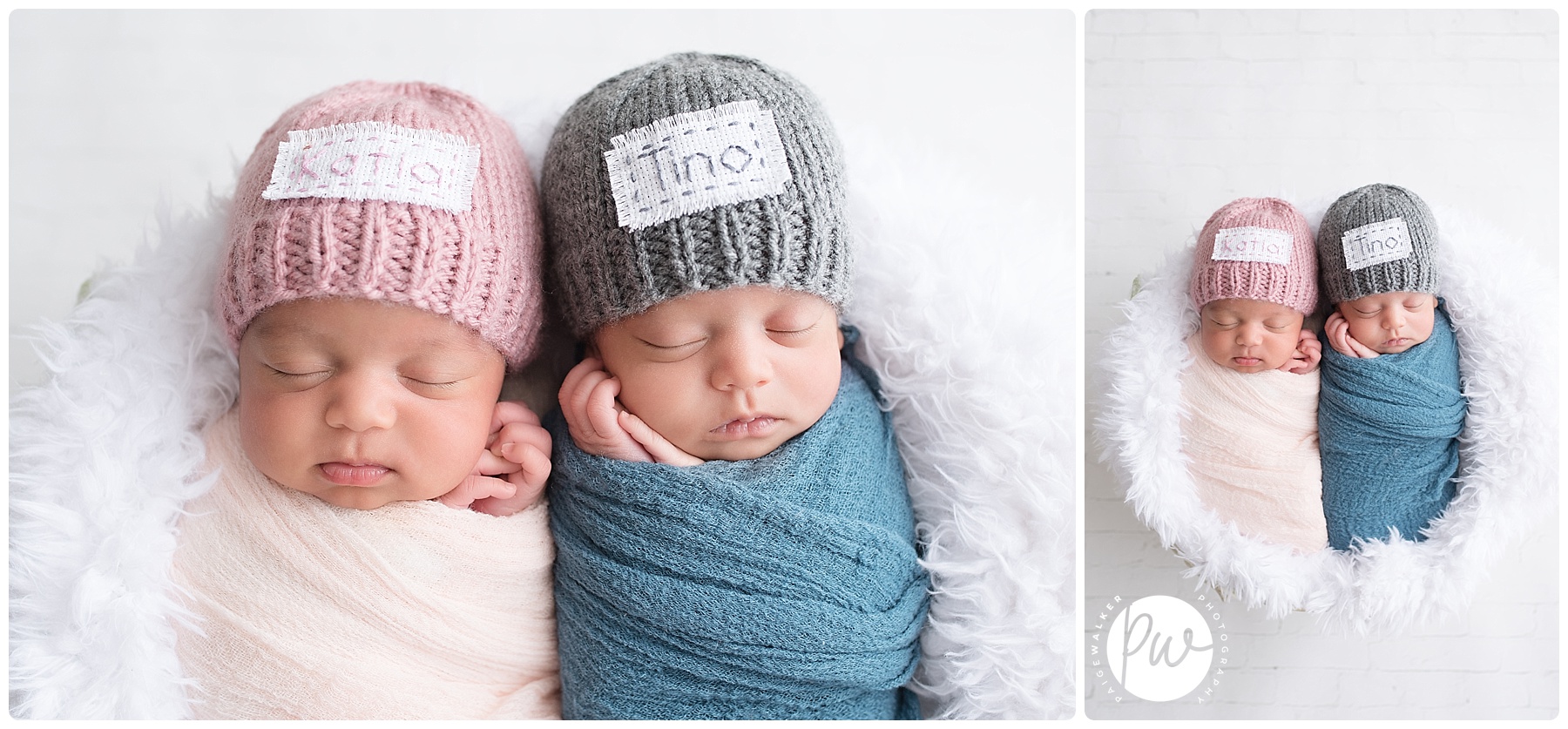 twin babies with their names on their hats