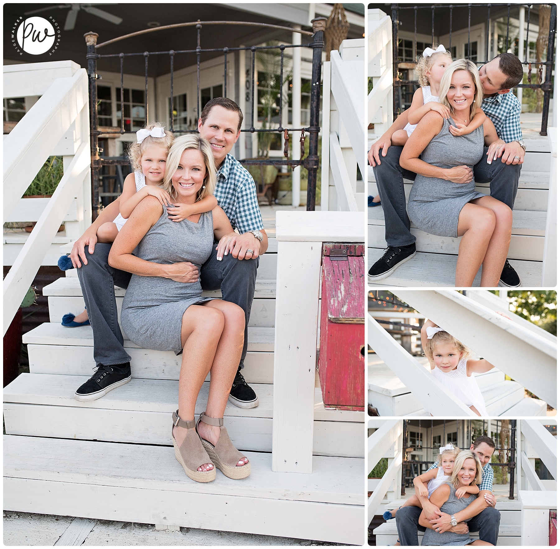 family of three sitting on steps with pregnant bump
