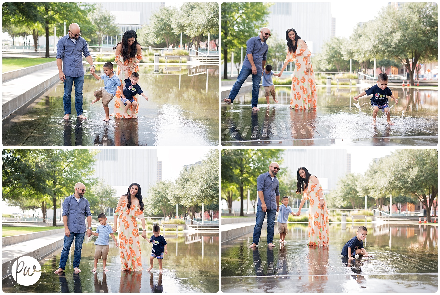 family of four in a reflecting pool