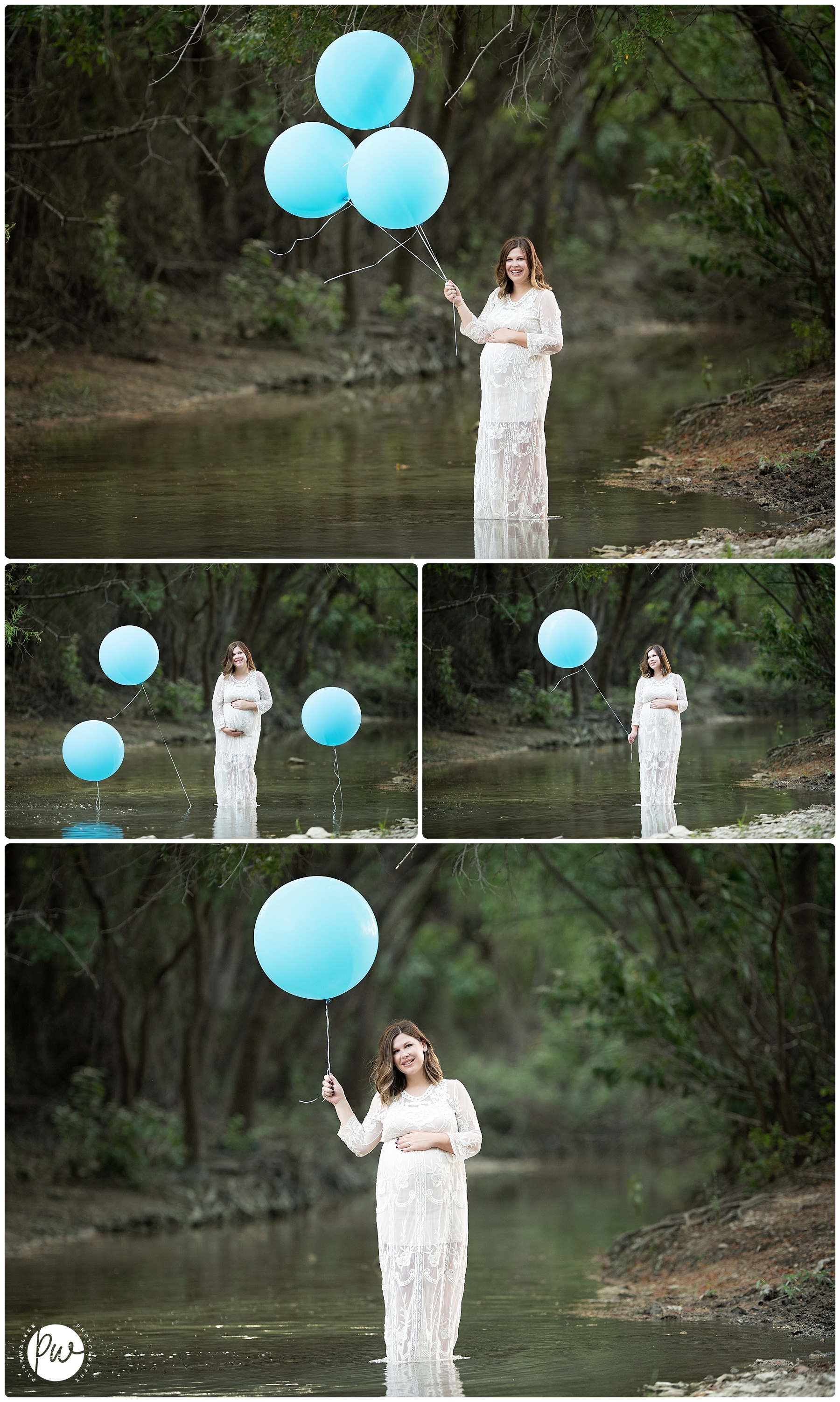 pregnant mom in a creek with a blue balloons