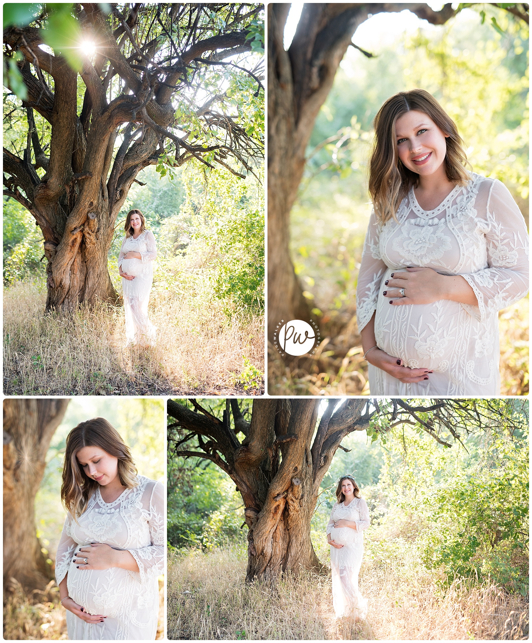 pregnant mom standing by a big tree