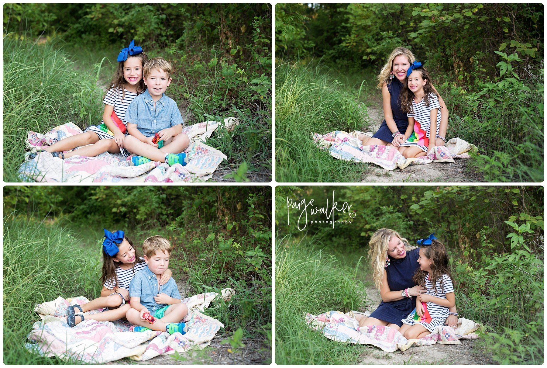 siblings sitting on a quilt
