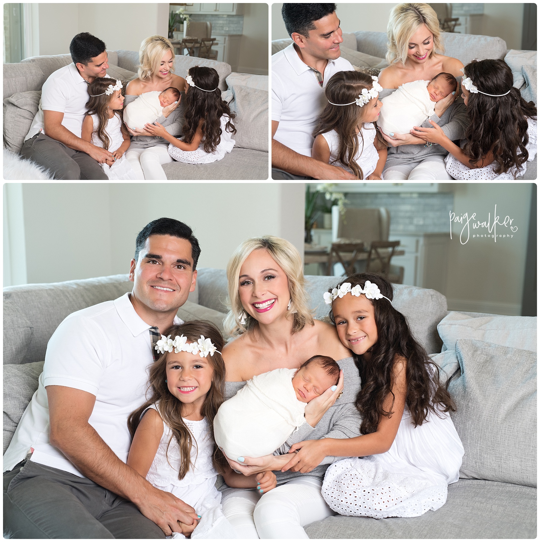 family of five sitting on their couch with their newborn son