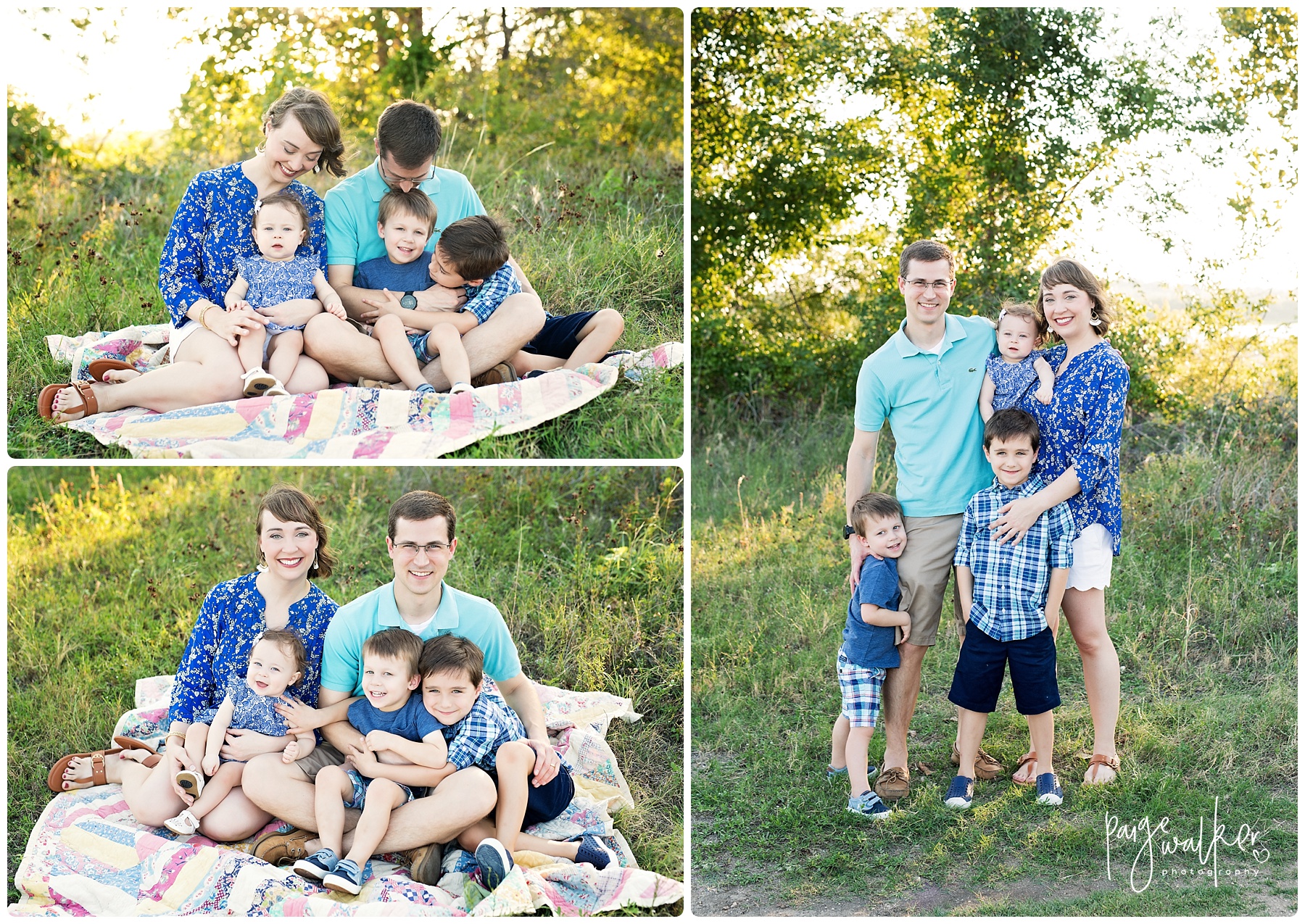 family of five sitting on a quilt