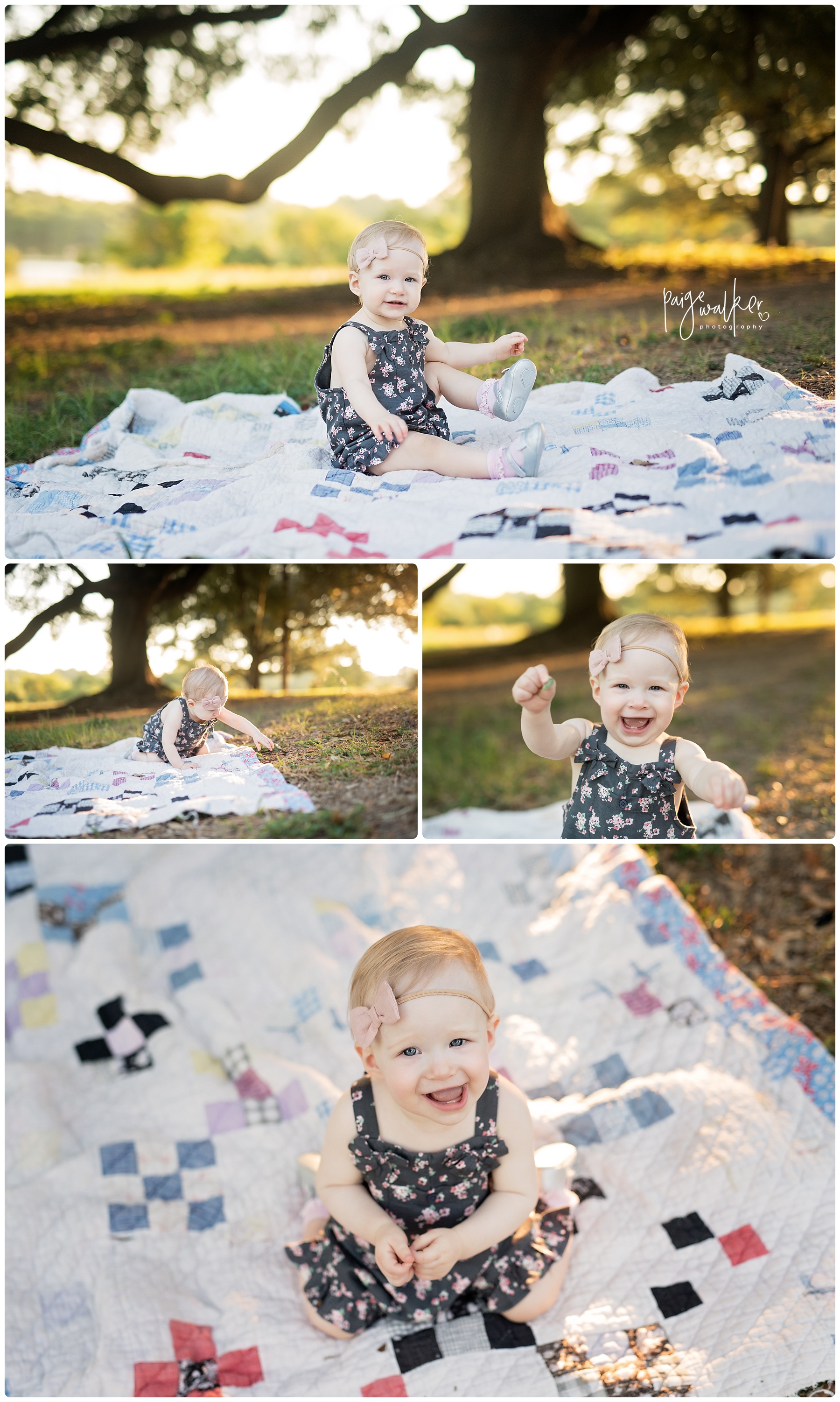 baby girl sitting on a quilt in a field