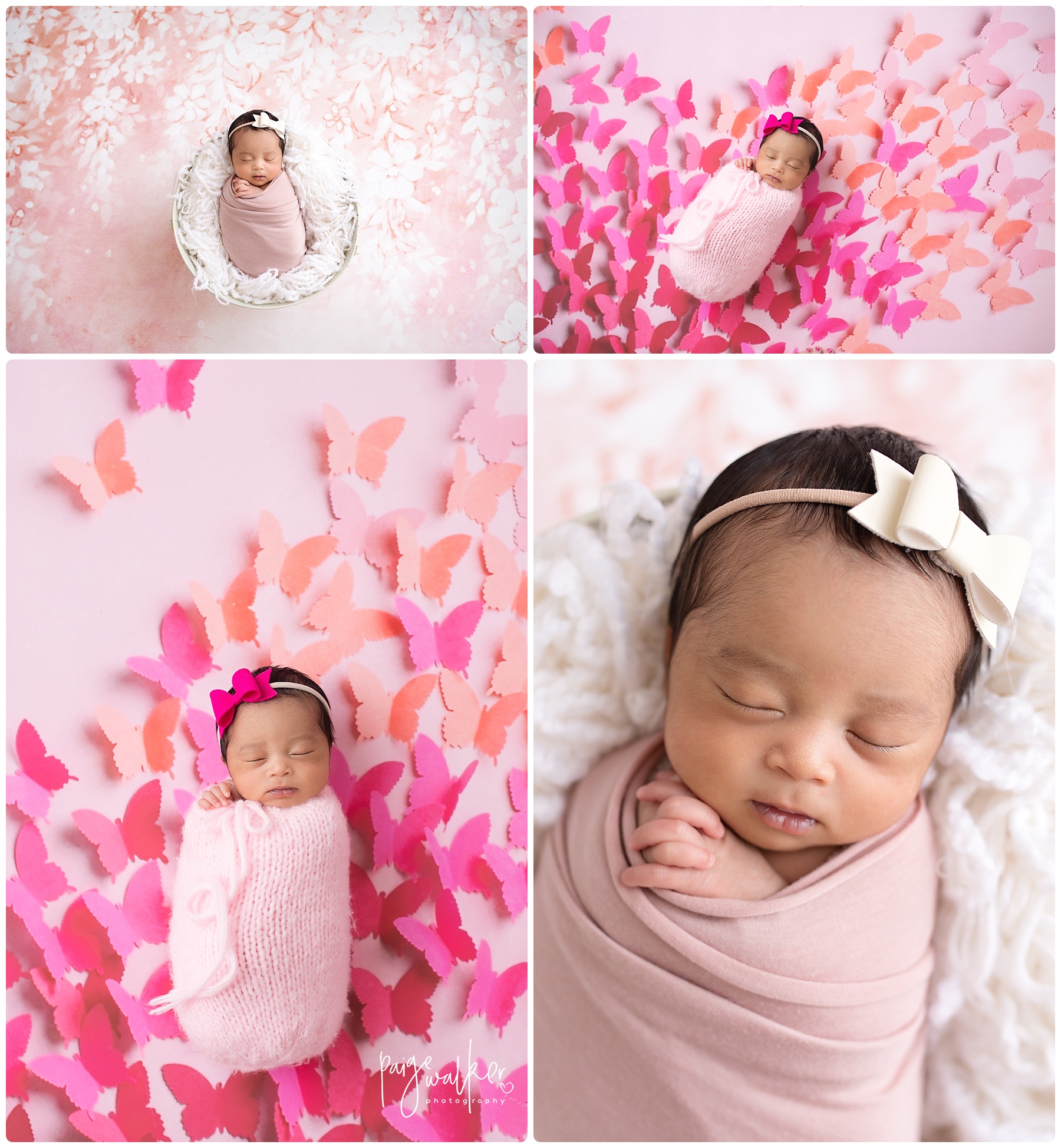 newborn girl laying over pink butterflies