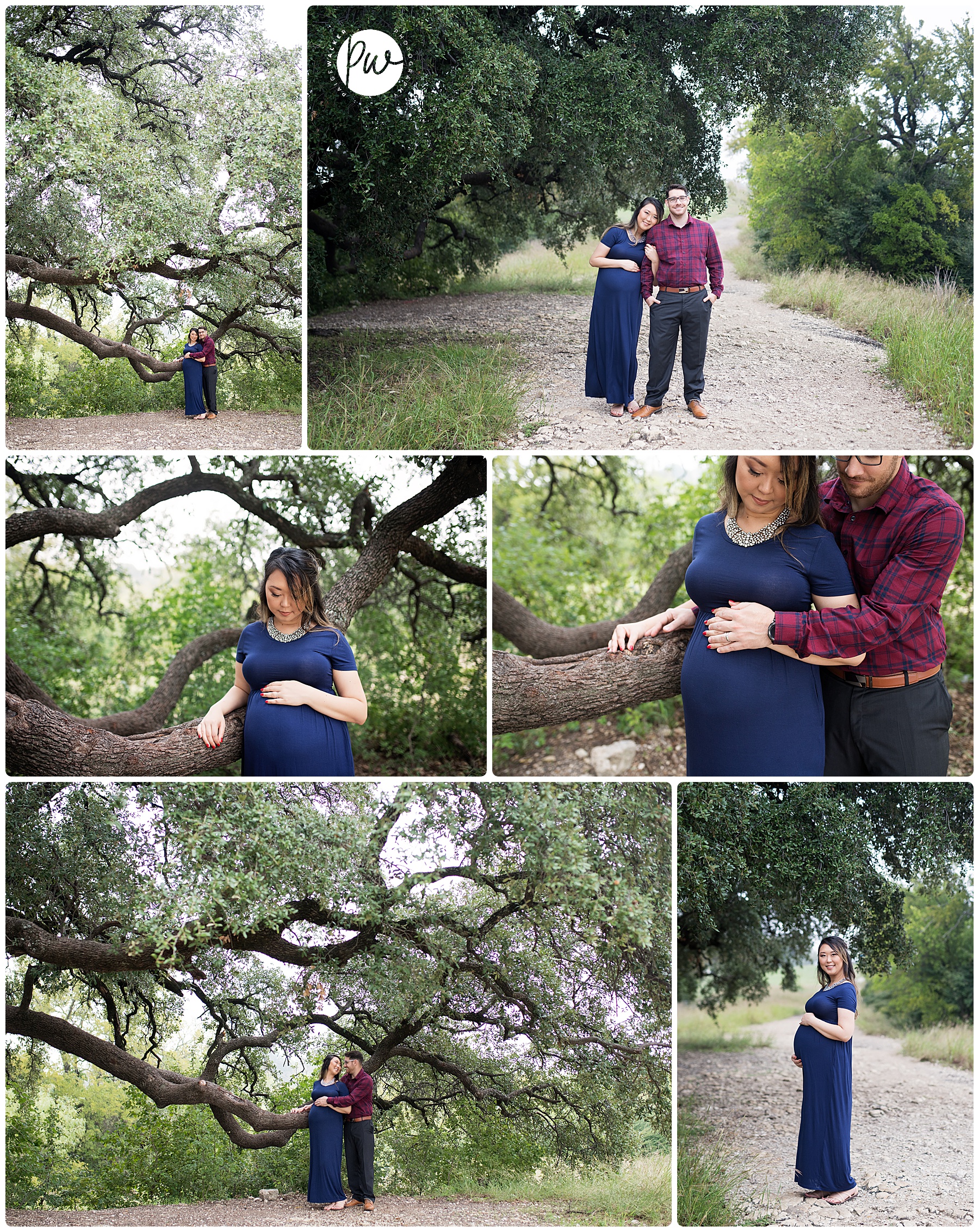 husband and wife to be standing by a big tree