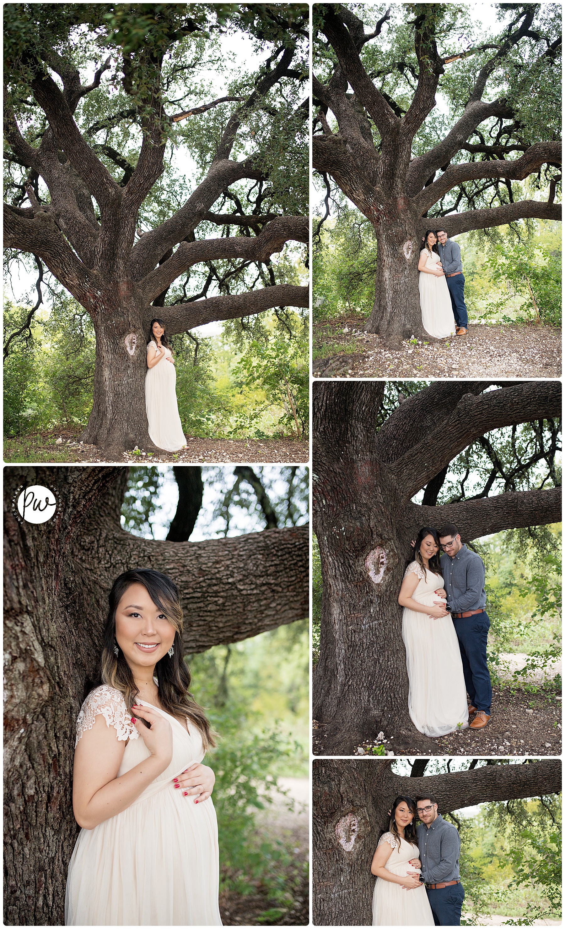 mom to be leaning against a huge tree