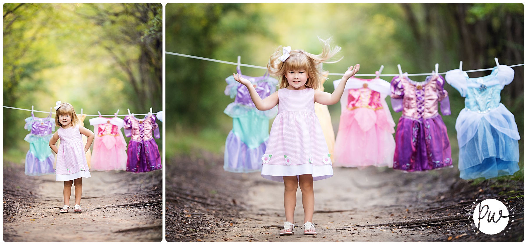 little girl flipping her hair with her princess dresses