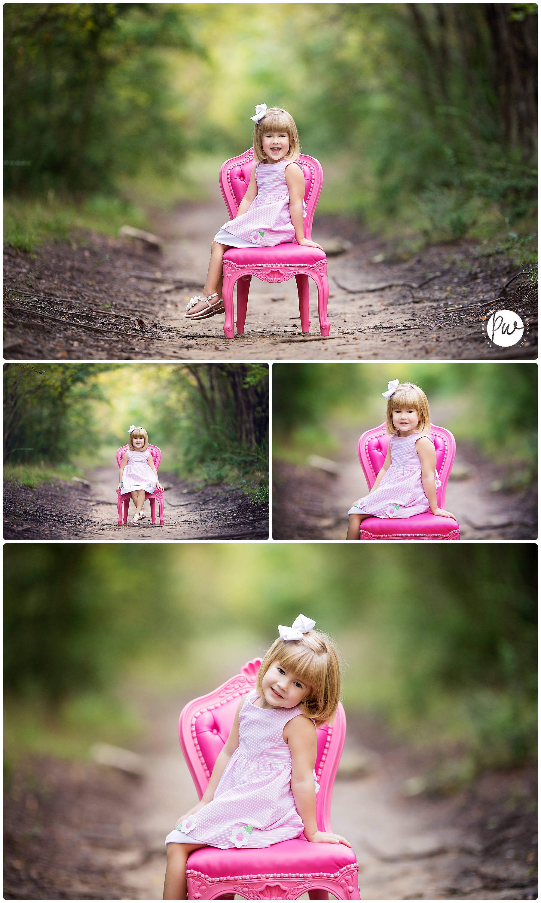 little girl sitting on a pink chair