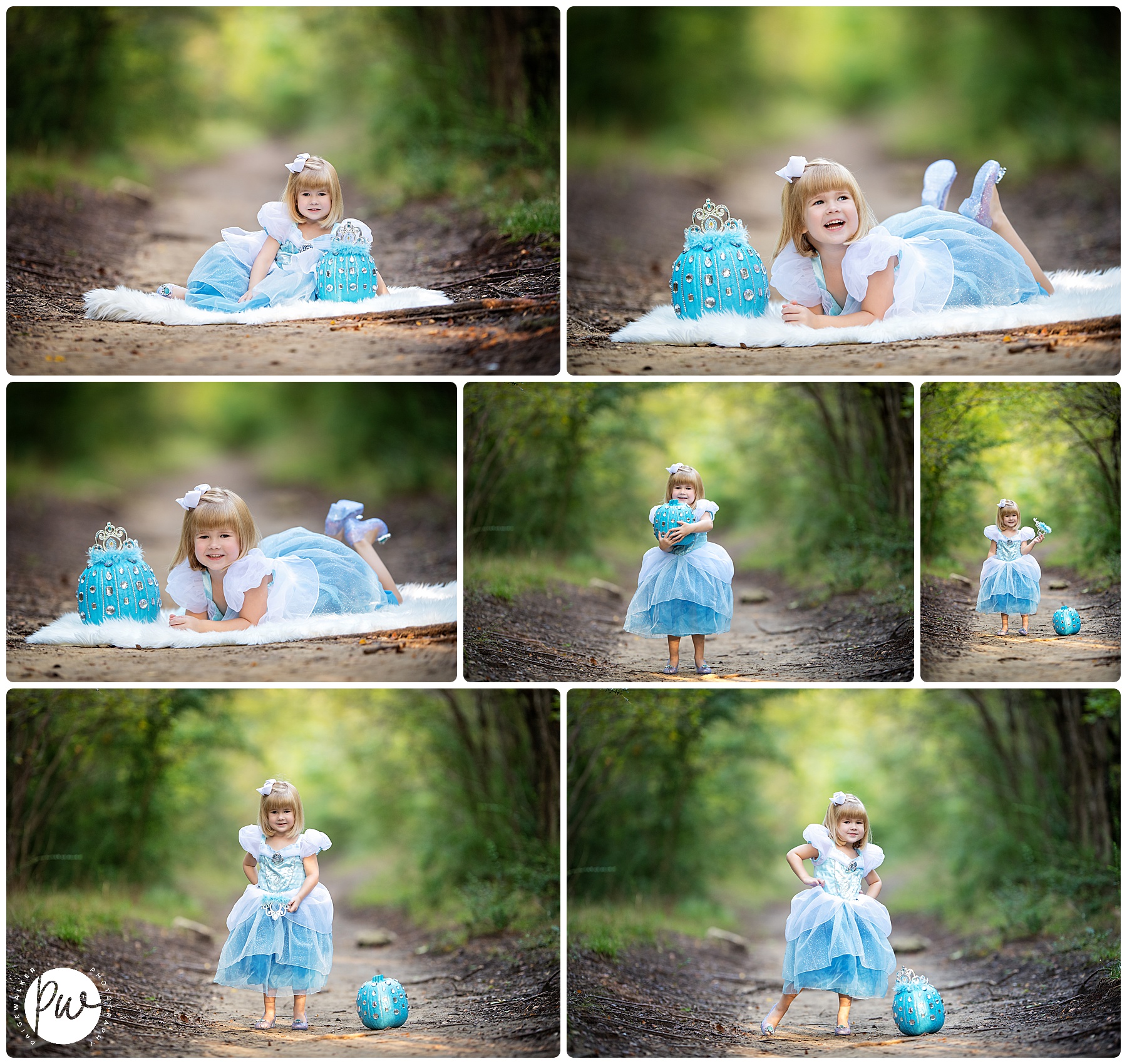 little girl dressed as Cinderella with her blue pumpkin