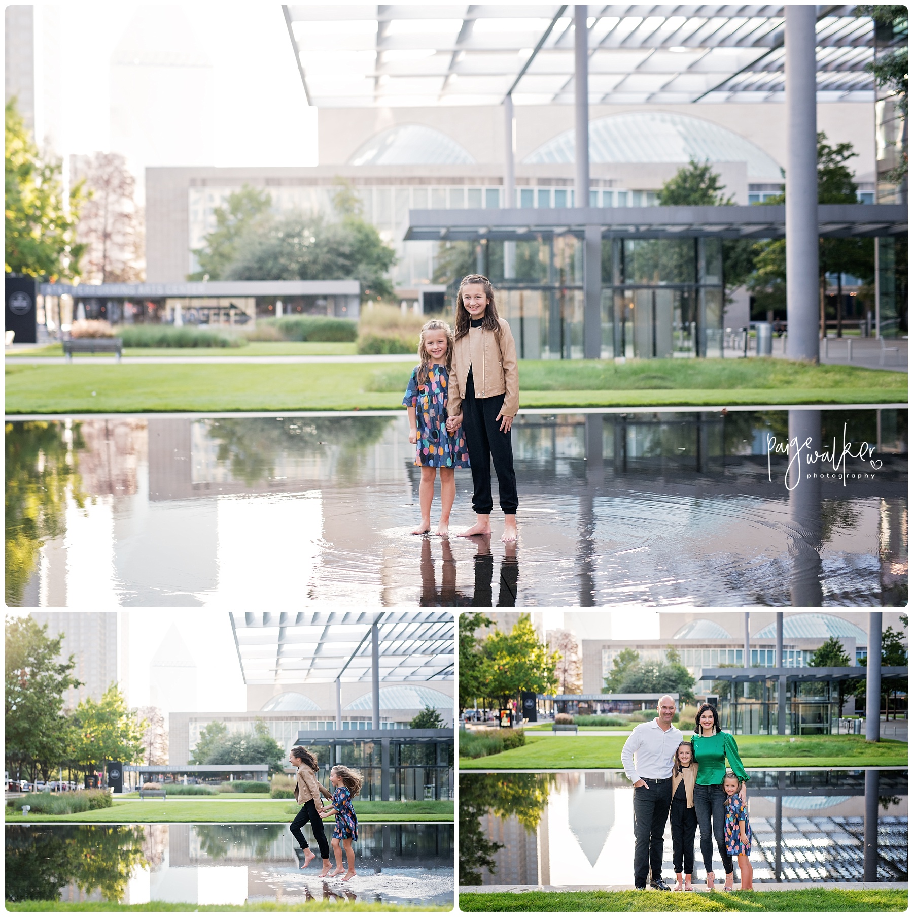 family standing in a reflecting pool