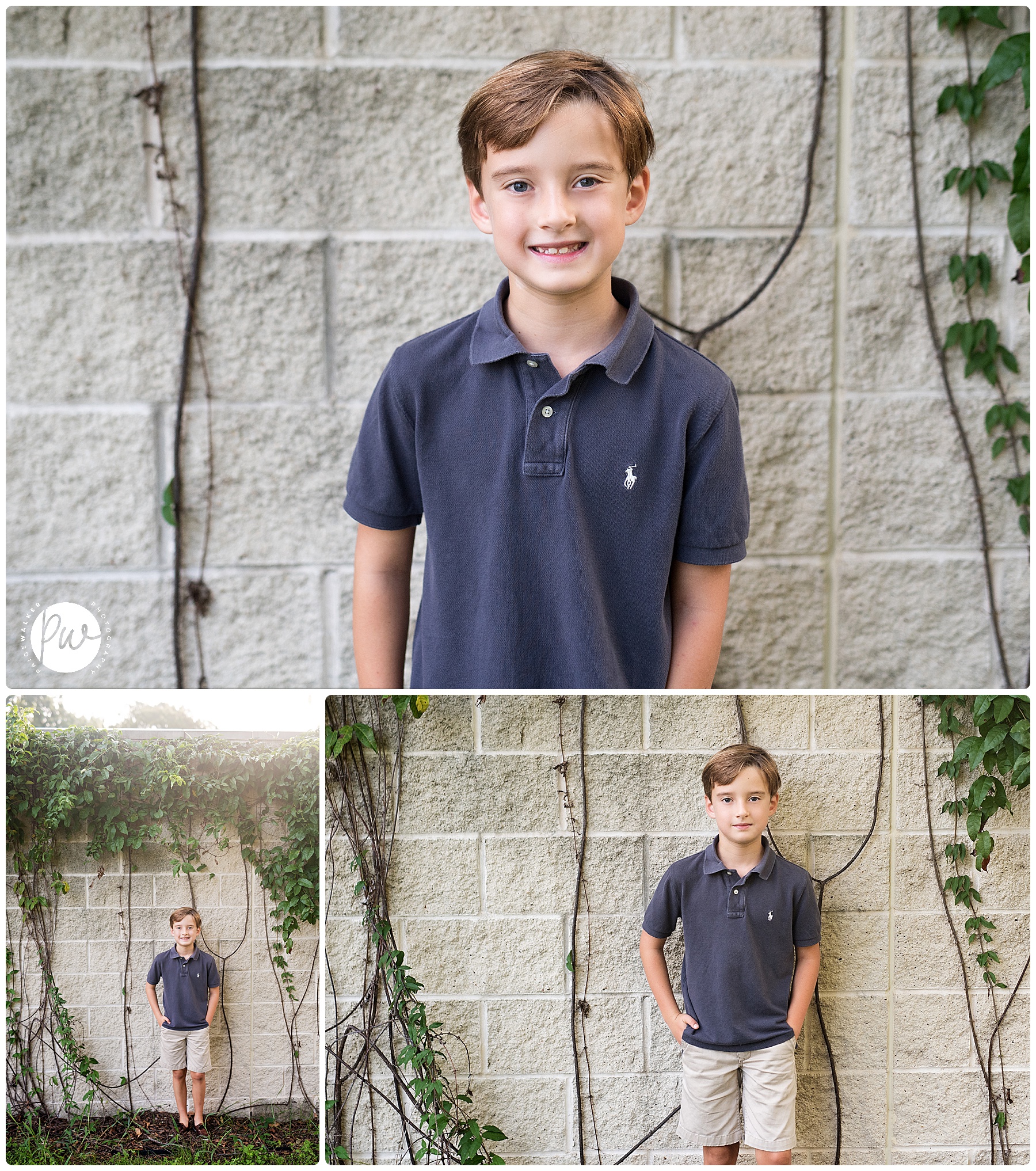 little boy leaning against an ivy wall