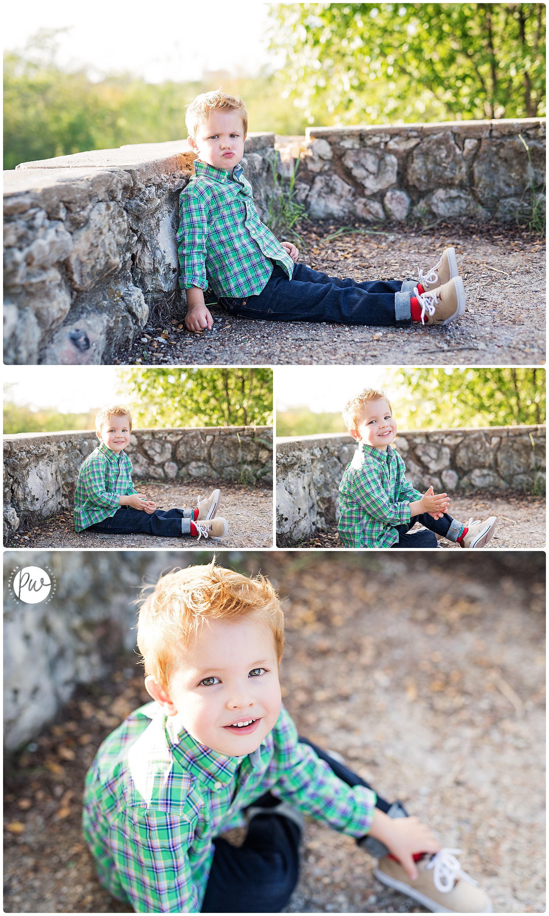 little boy sitting against a rock ledge