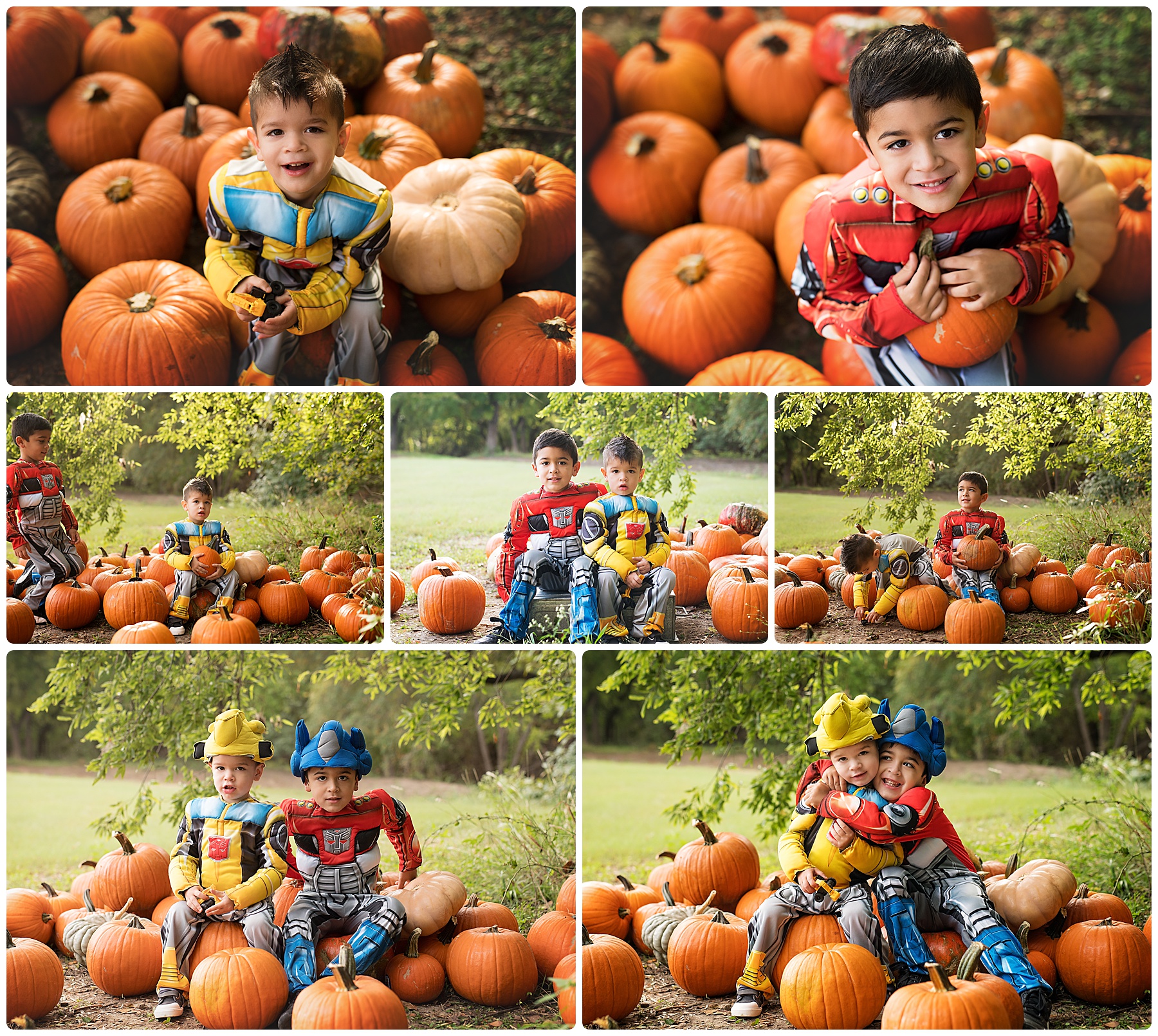 brothers in their halloween costumes in a pumpkin patch