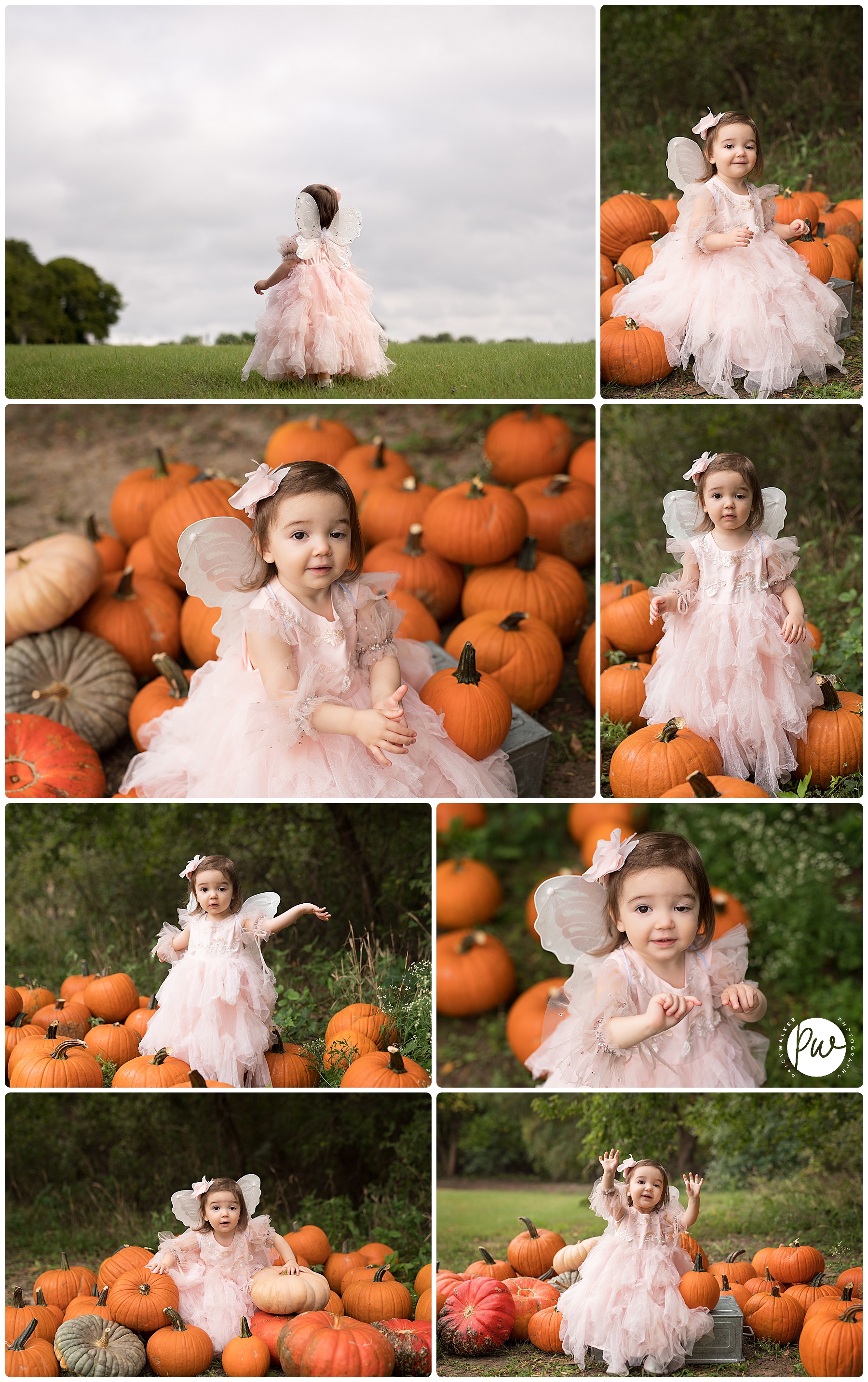little girl dressed for halloween in a lot of pumpkins