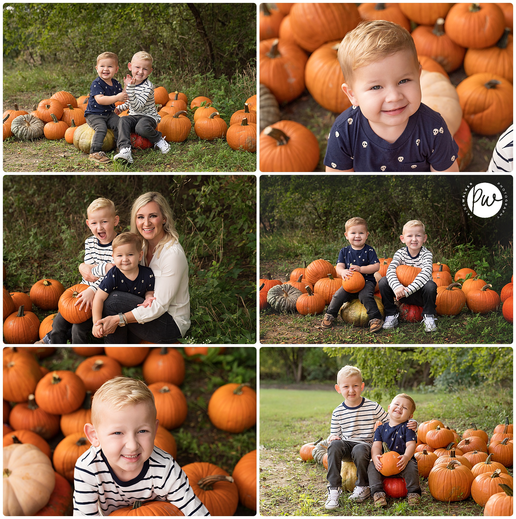 brothers sitting in a lot of pumpkins