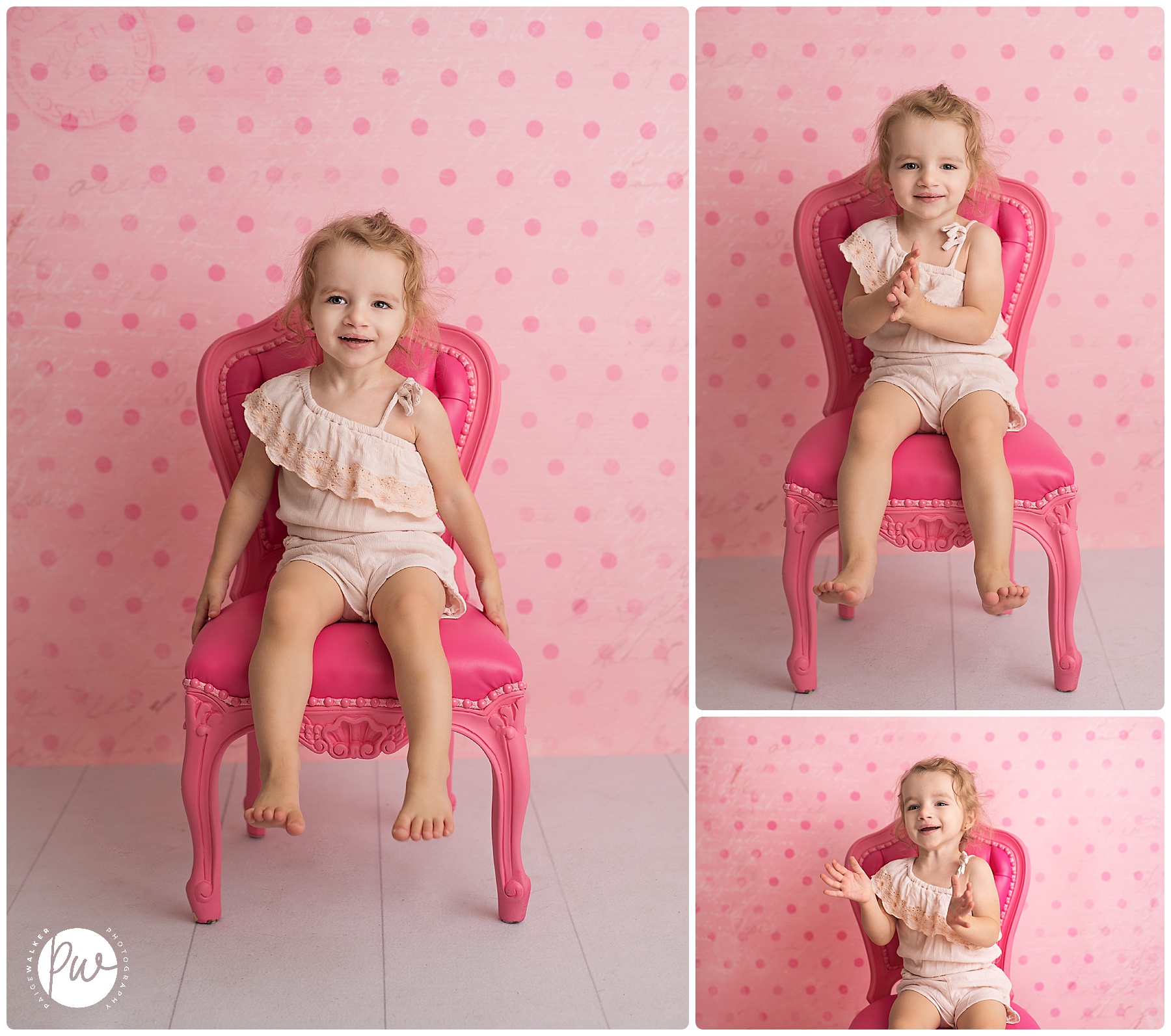 little girl sitting in a pink chair