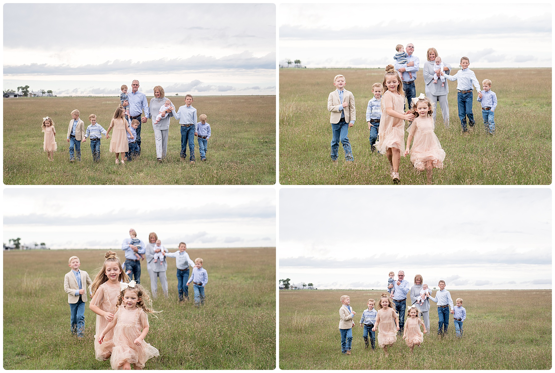 grandparents and all their grandkids running through a field