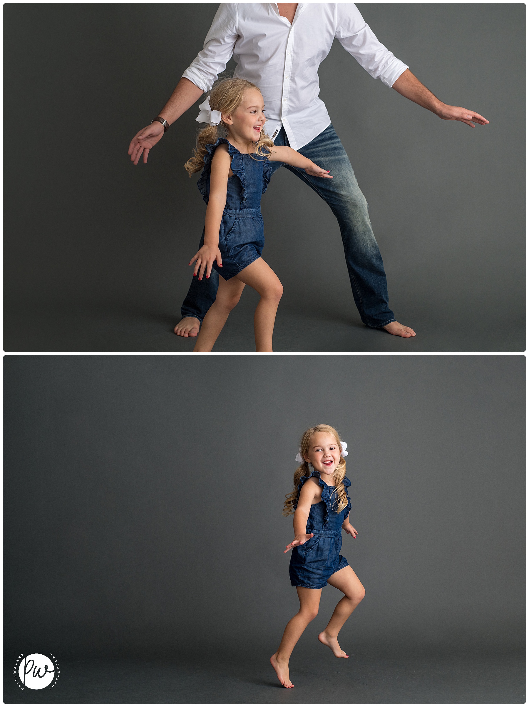 dad and daughter dancing in the studio
