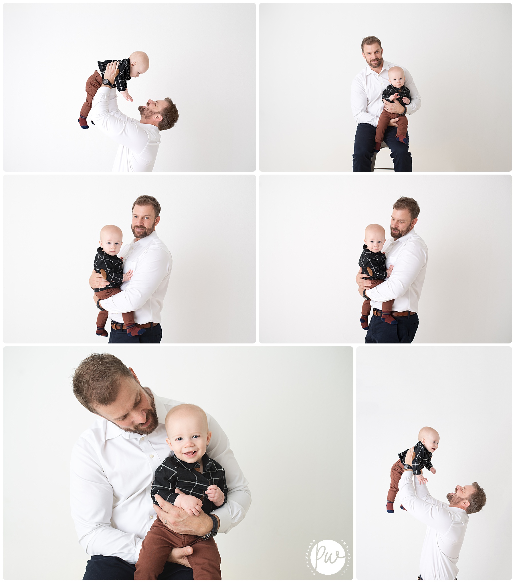 dad playing with his one year old son in the studio
