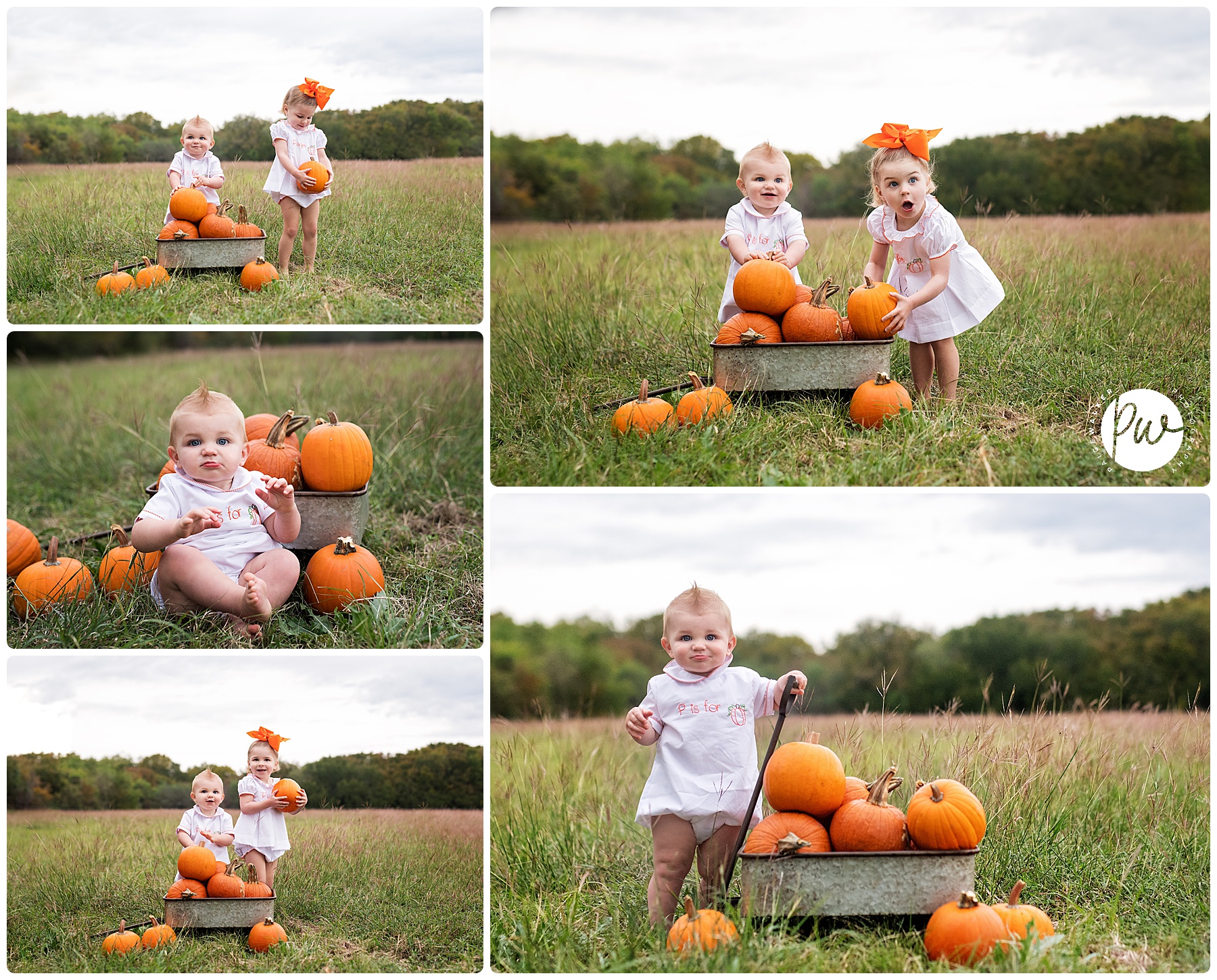 brother and sister playing with a wagon full of pumpkins