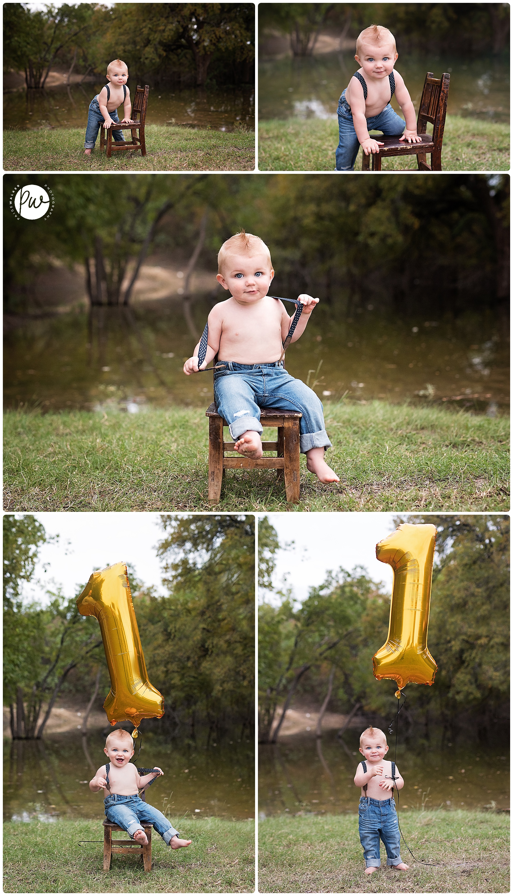 birthday boy sitting with a one balloon