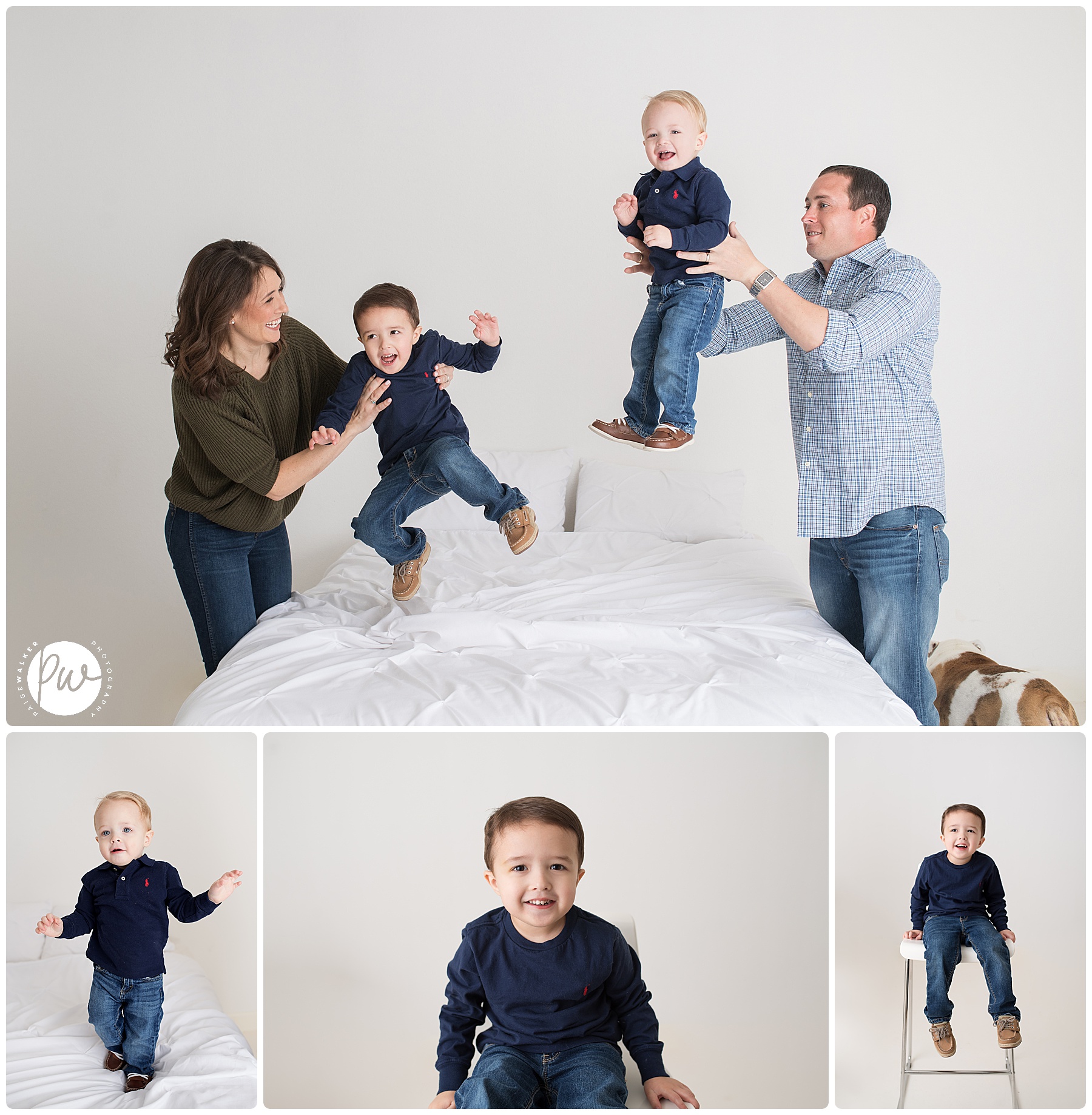 kids jumping on the bed with their parents