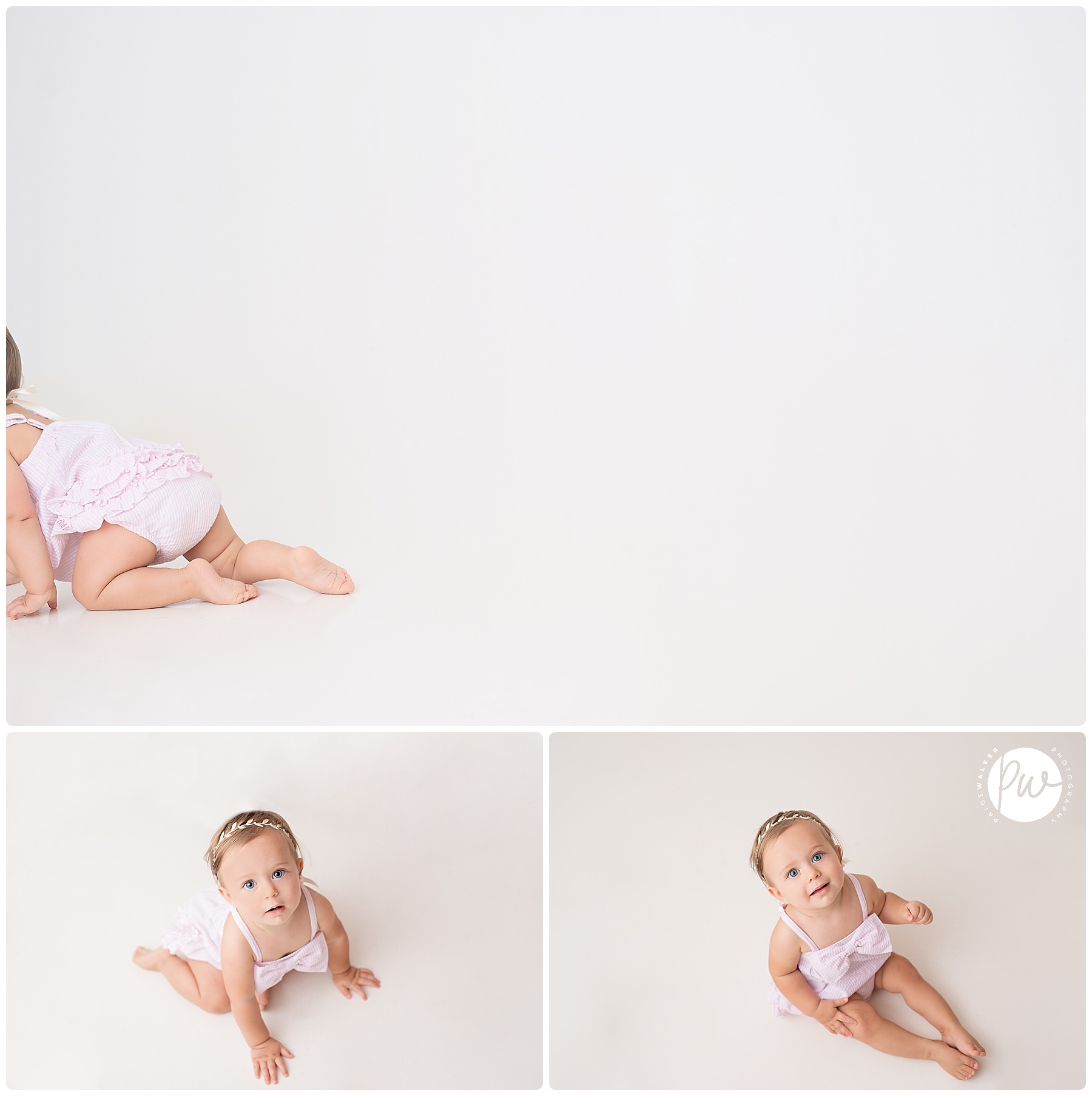 one year old sitting in an all white studio