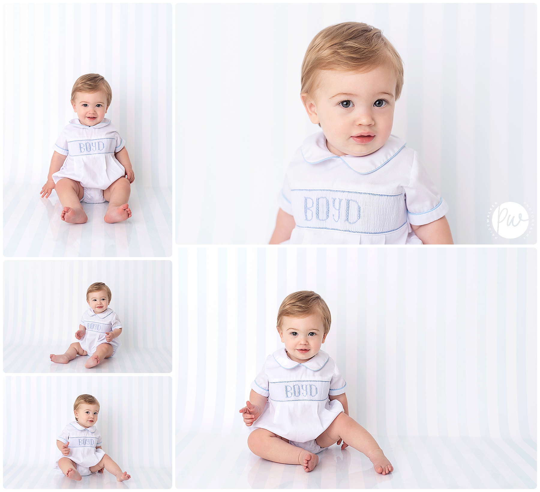 one year old boy sitting in the studio